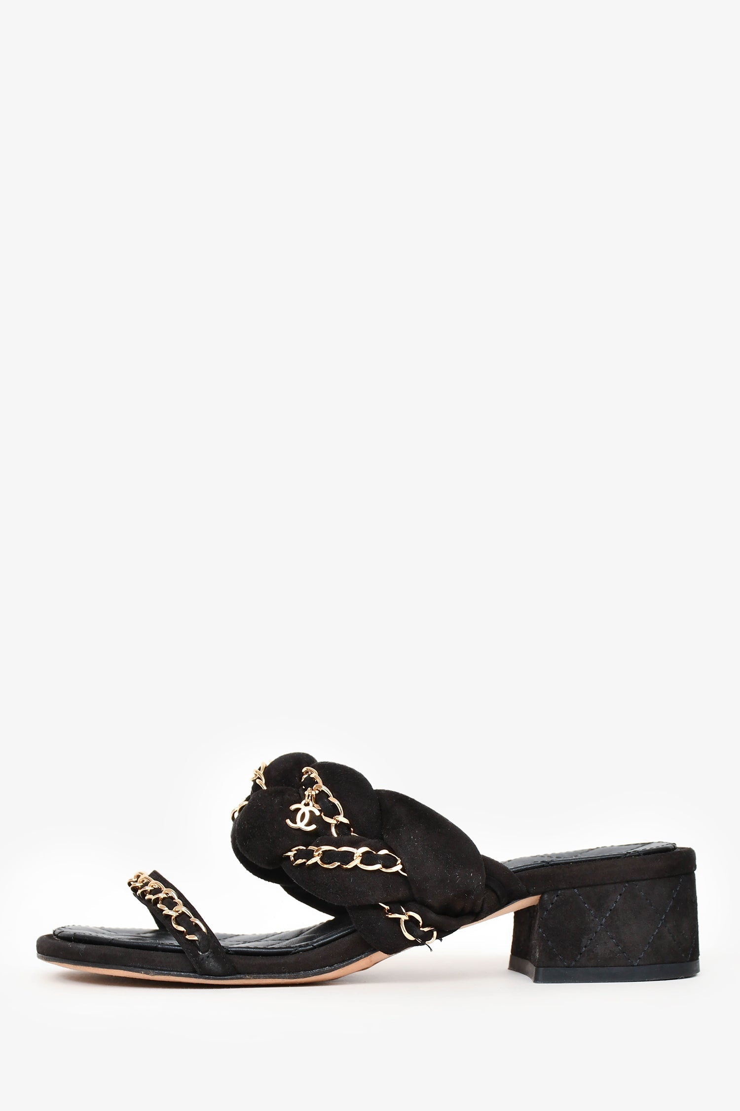Chanel™ 2017 Black Leather Chain Detailed Sandals Size 35.5