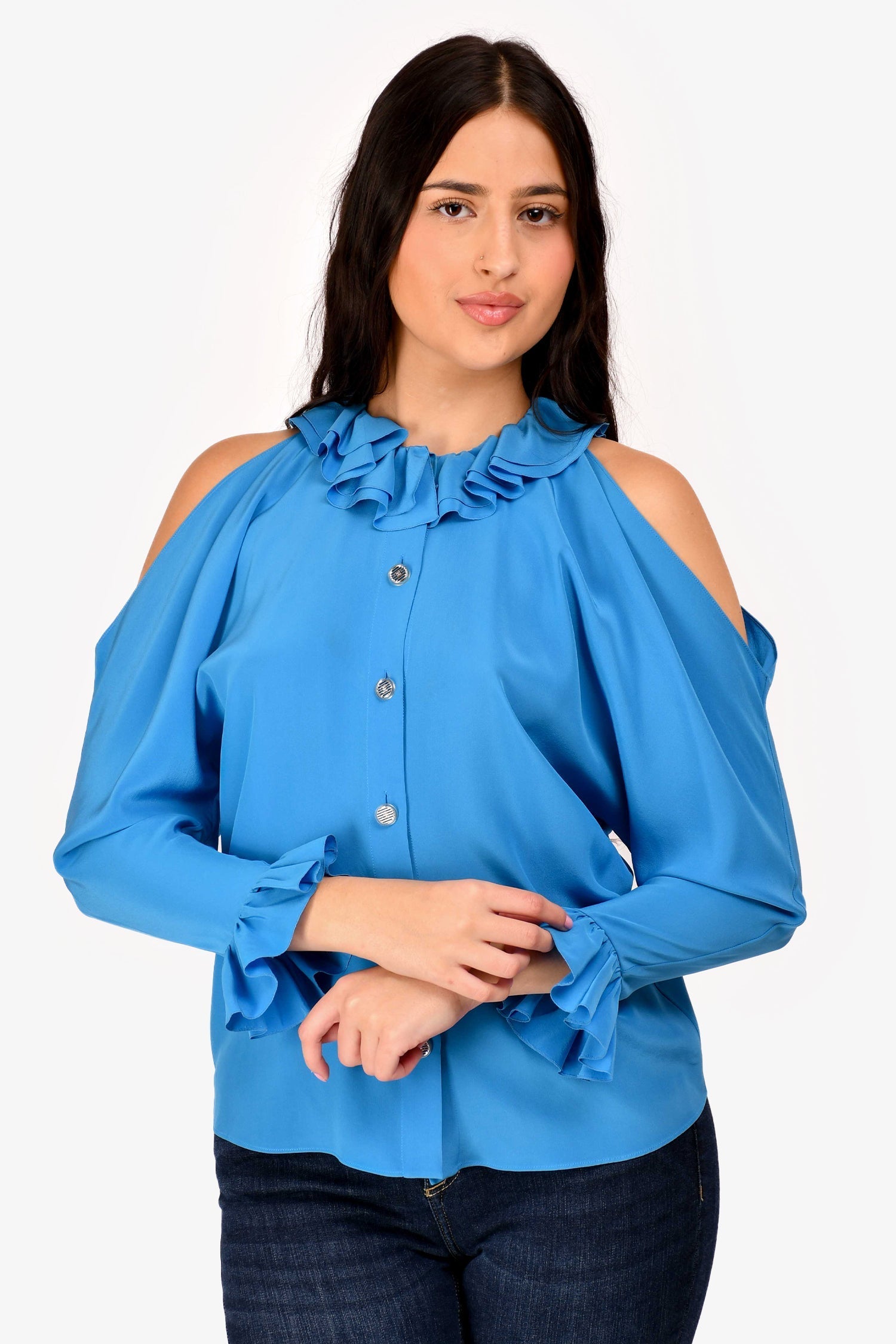 Chanel™ 2017 Blue Silk Ruffle Cold Shoulder Button Up Shirt Size 34