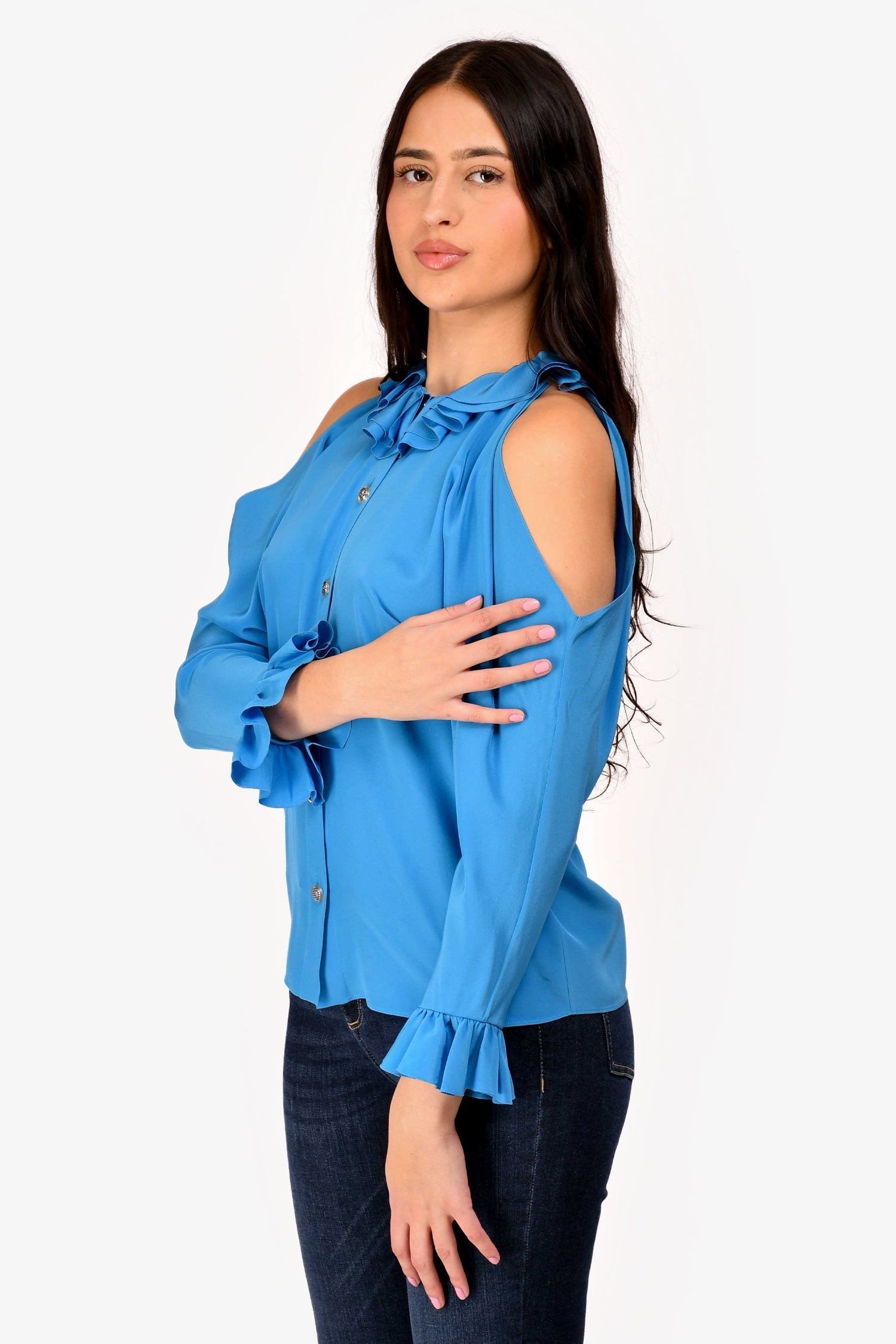 Chanel™ 2017 Blue Silk Ruffle Cold Shoulder Button Up Shirt Size 34