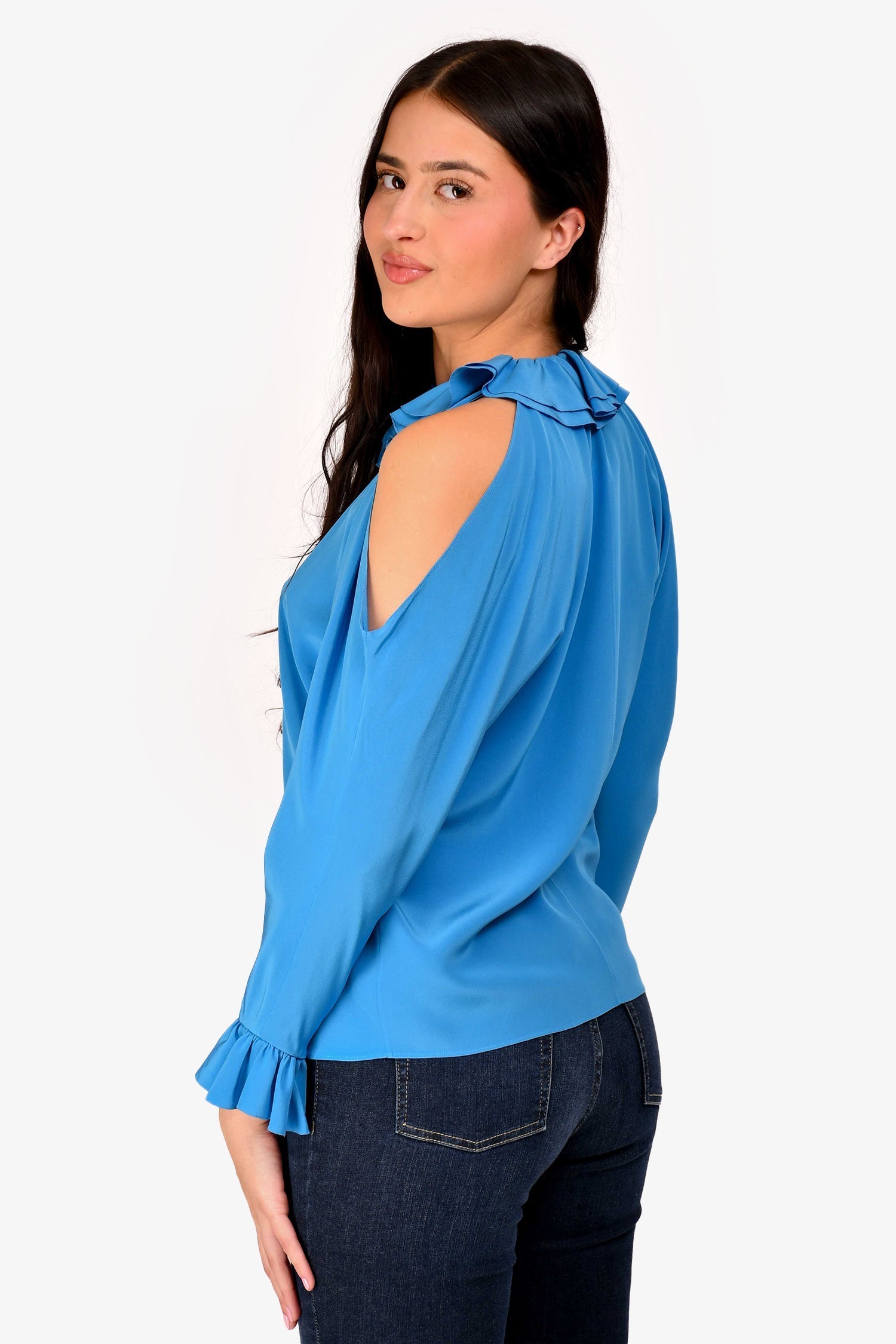 Chanel™ 2017 Blue Silk Ruffle Cold Shoulder Button Up Shirt Size 34