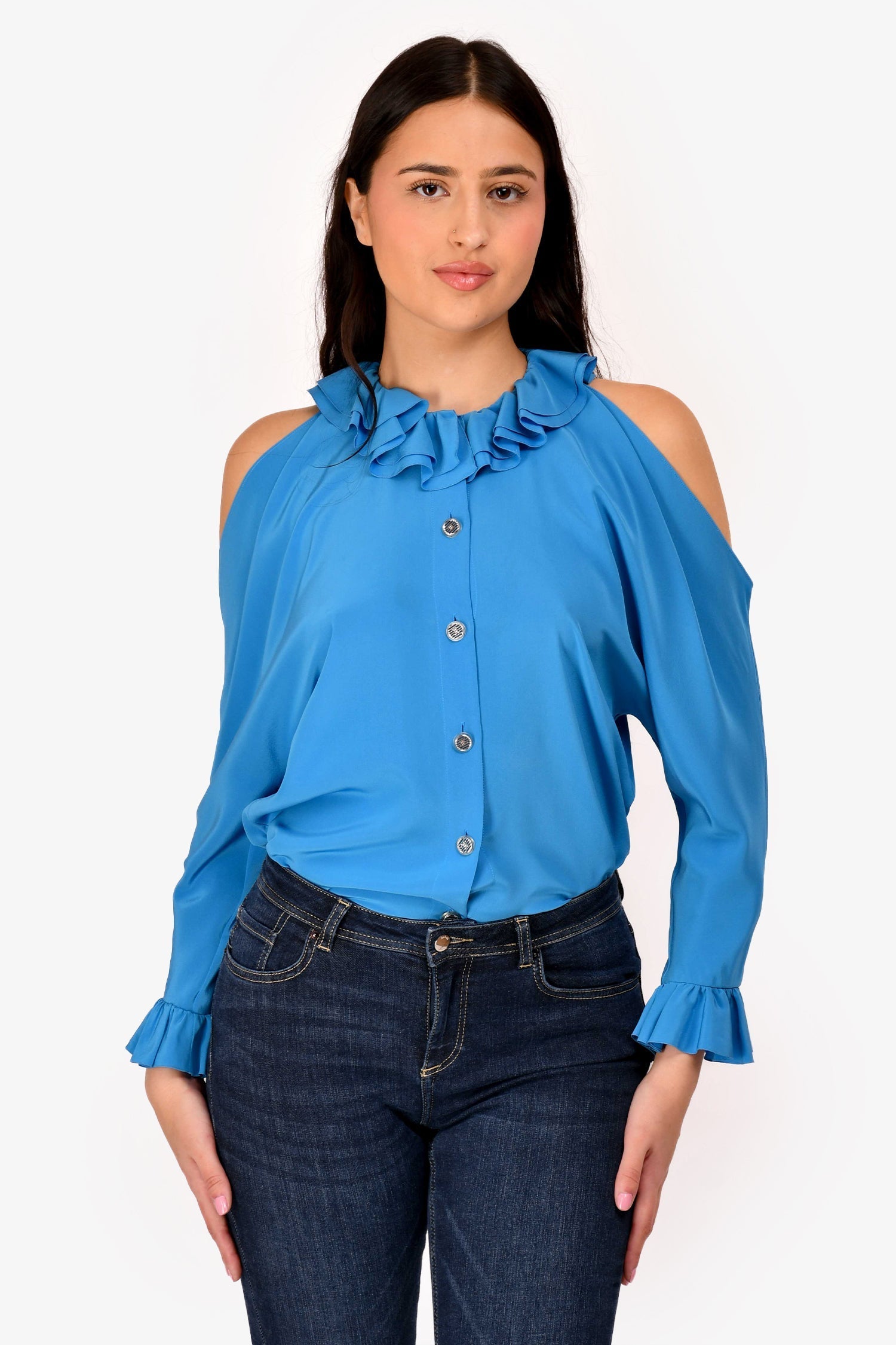 Chanel™ 2017 Blue Silk Ruffle Cold Shoulder Button Up Shirt Size 34