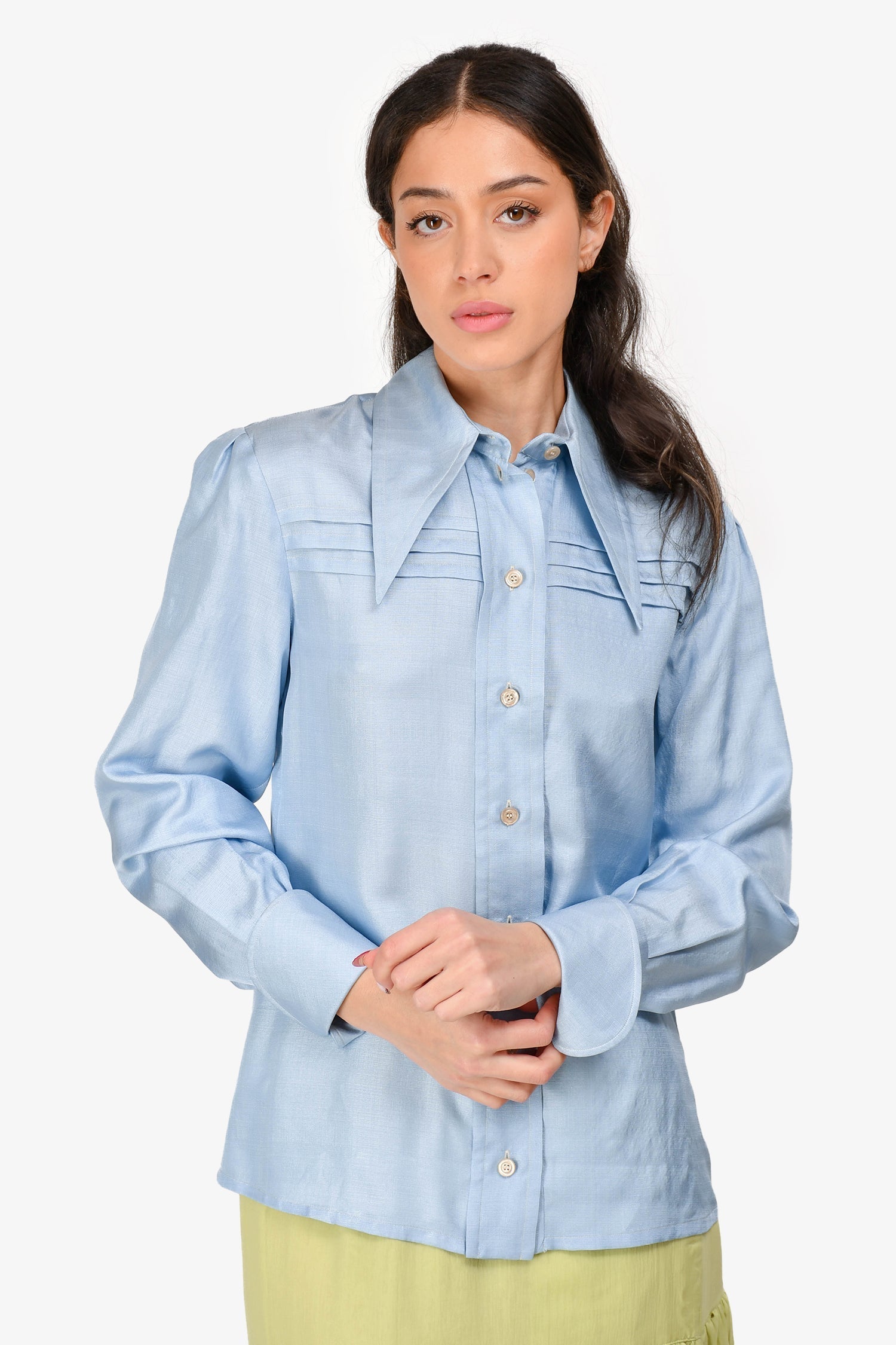 Gucci 2018 Light Blue Silk Pleated Detail Button-Up Shirt Size 38