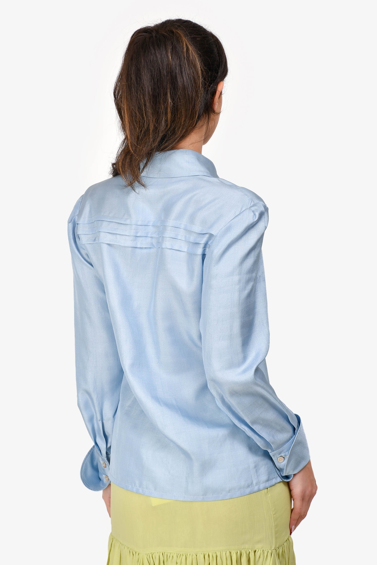 Gucci 2018 Light Blue Silk Pleated Detail Button-Up Shirt Size 38