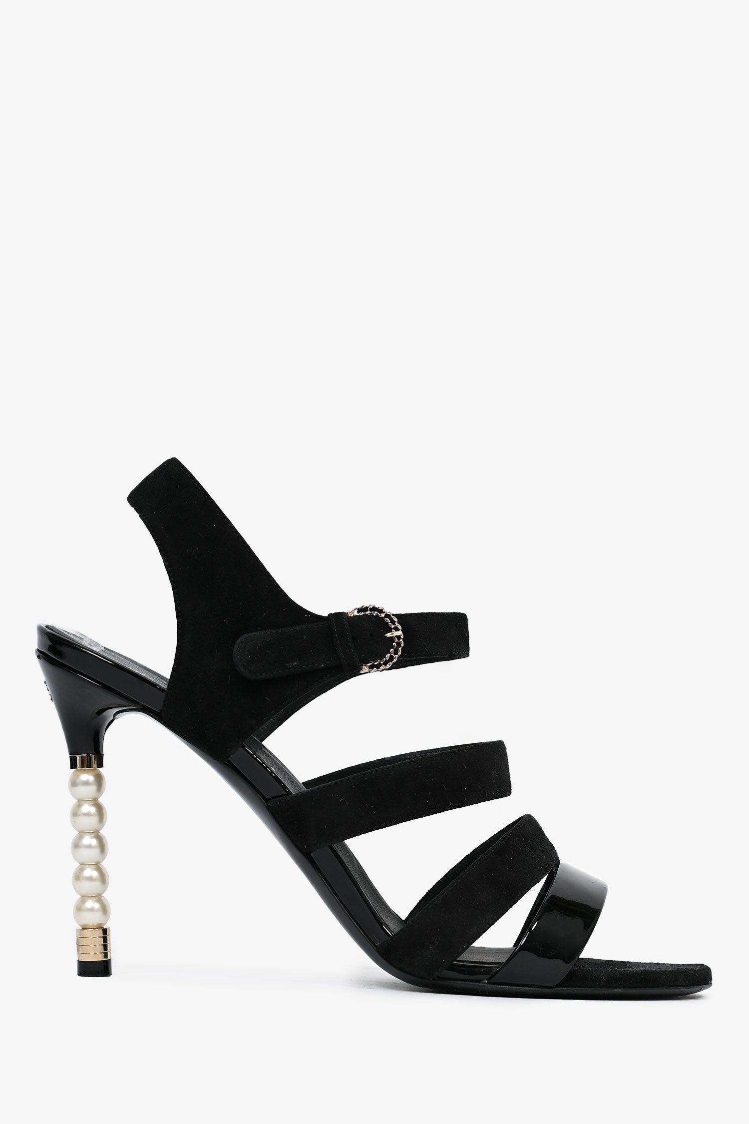 Chanel™ Black Suede Pearl Strappy Heels Size 39.5 (As Is)