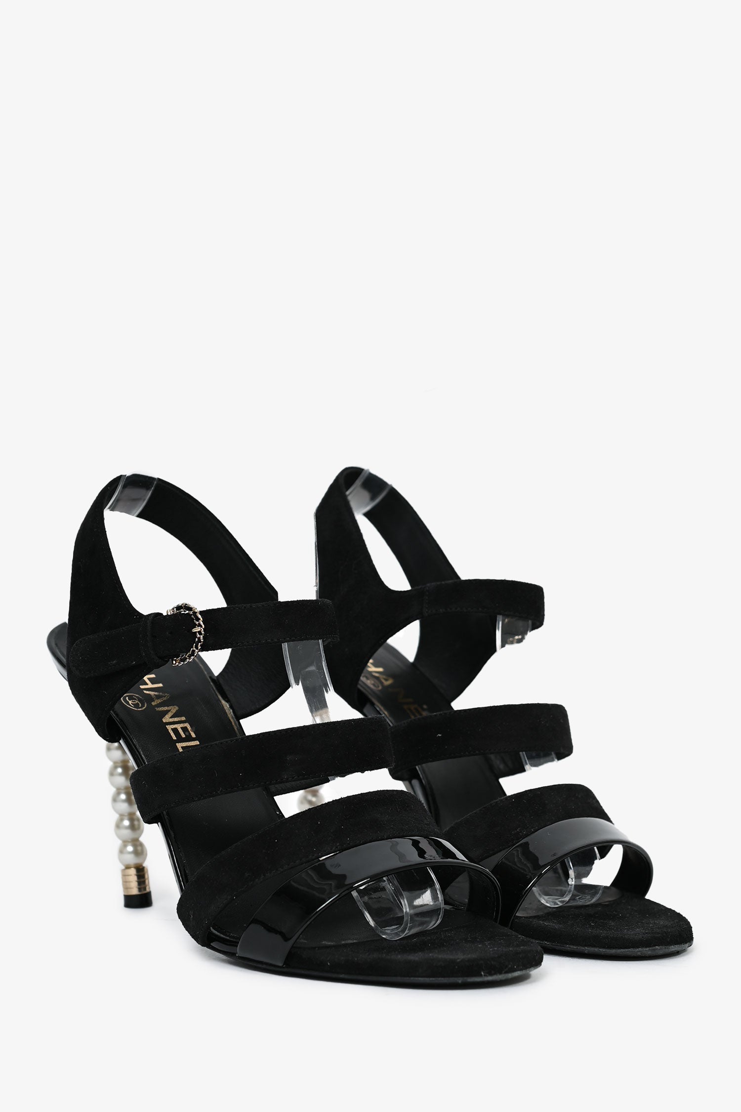 Chanel™ Black Suede Pearl Strappy Heels Size 39.5 (As Is)
