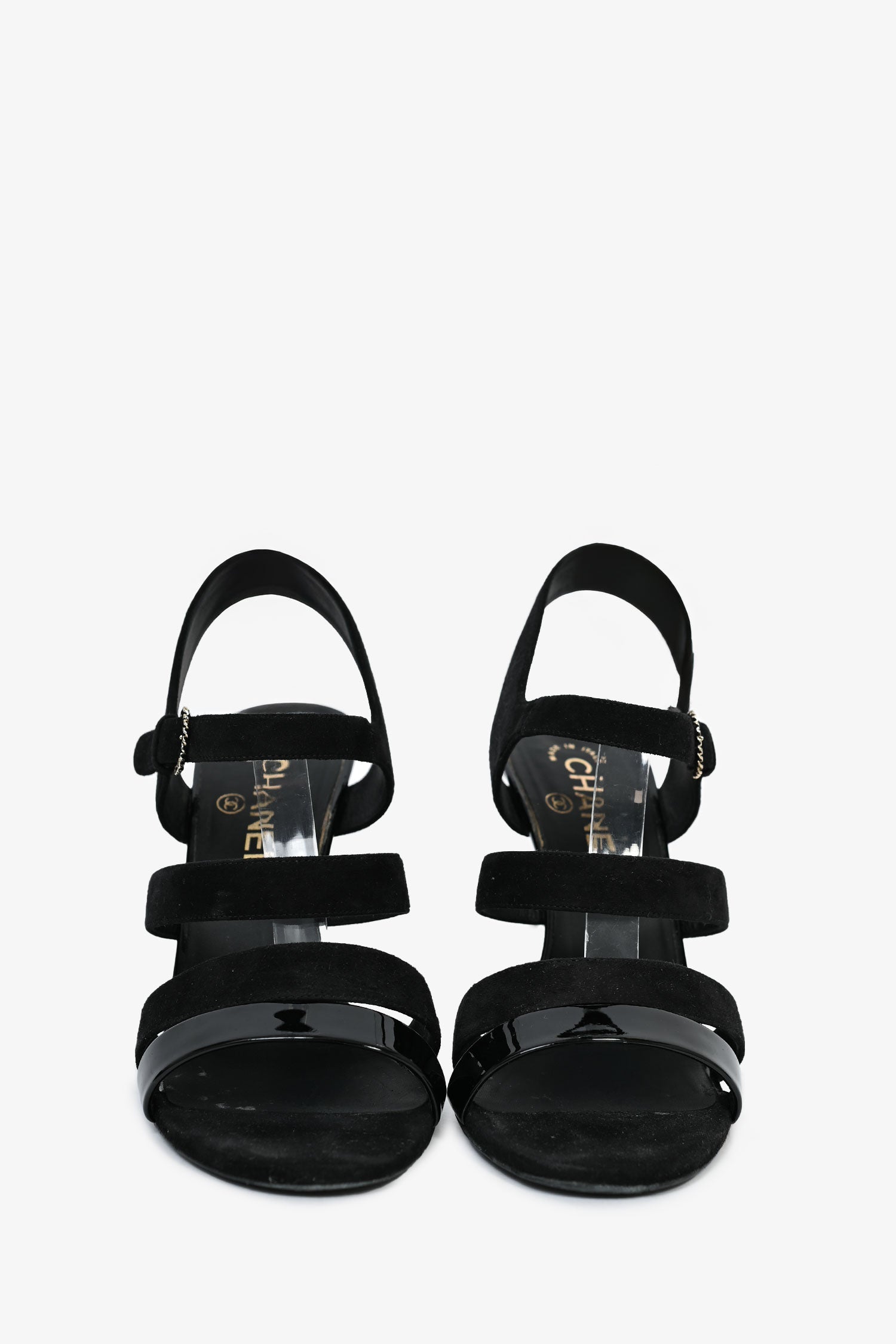 Chanel™ Black Suede Pearl Strappy Heels Size 39.5 (As Is)