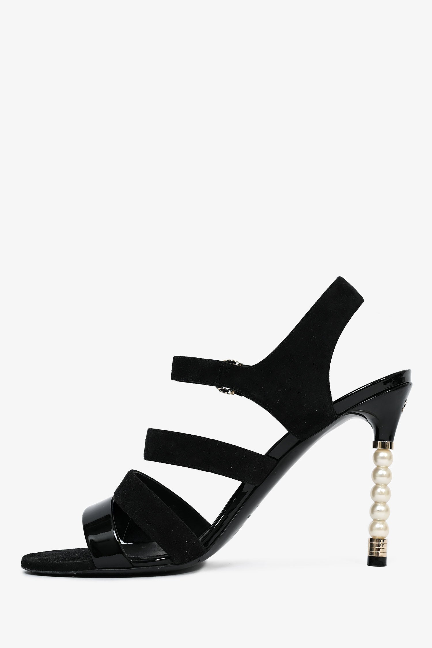 Chanel™ Black Suede Pearl Strappy Heels Size 39.5 (As Is)