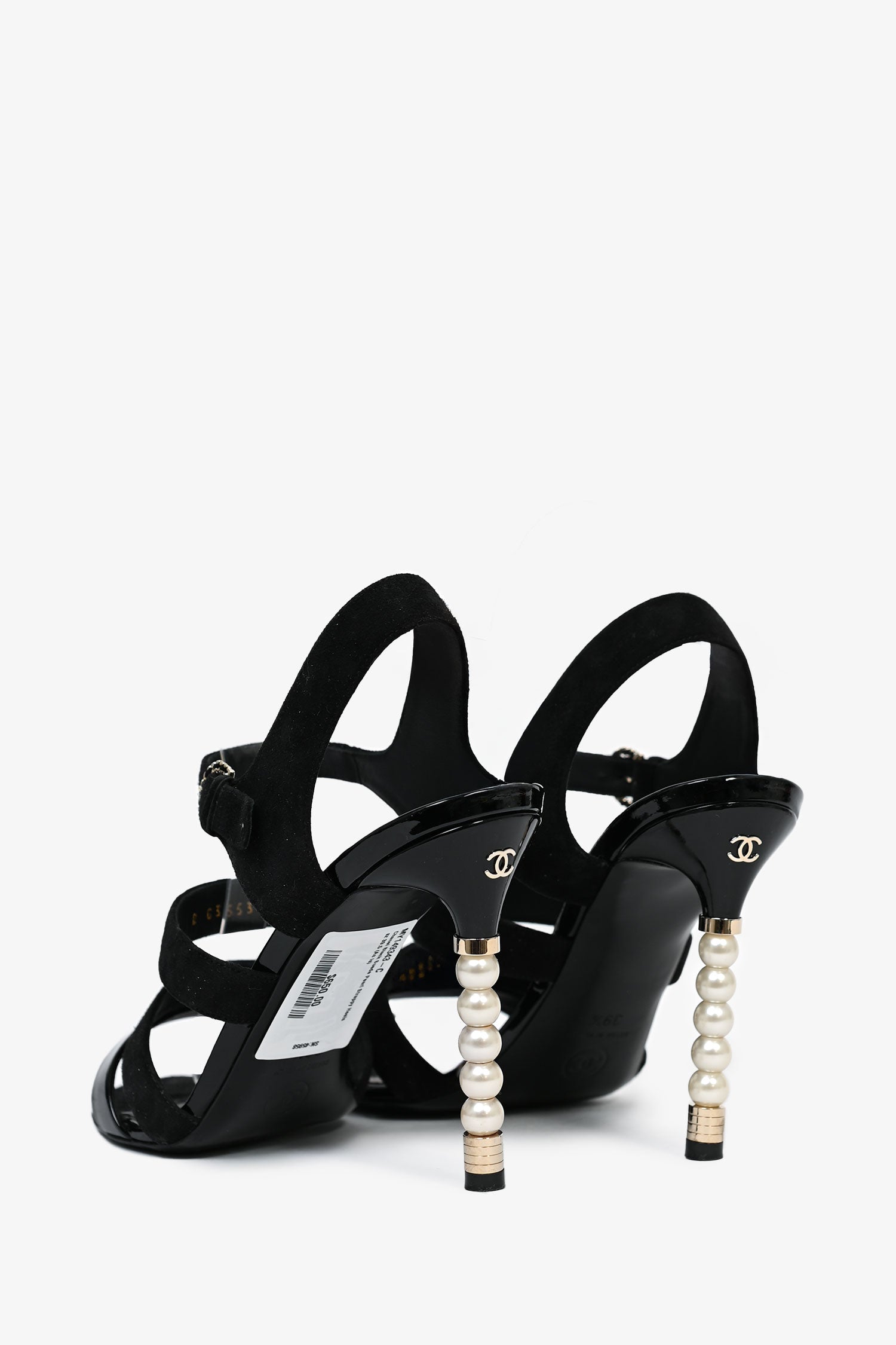 Chanel™ Black Suede Pearl Strappy Heels Size 39.5 (As Is)