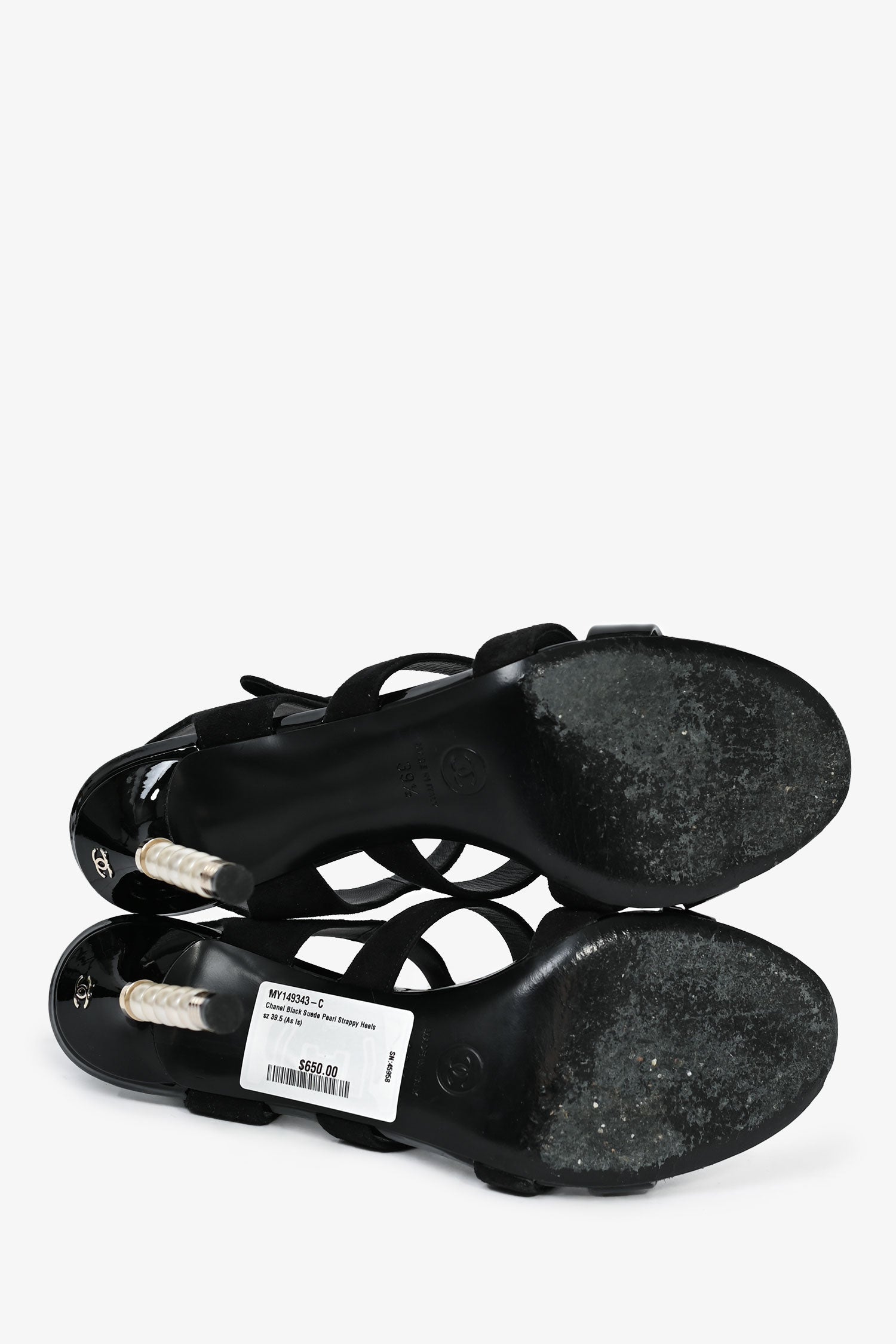 Chanel™ Black Suede Pearl Strappy Heels Size 39.5 (As Is)