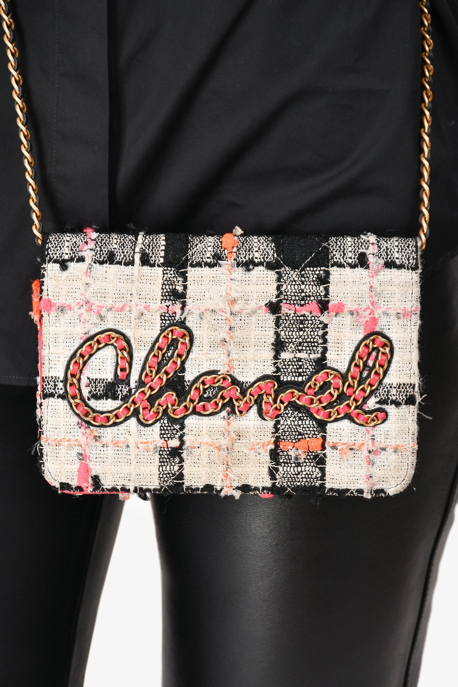 Chanel™ 2019 Pink/Black/Cream Tweed Wallet On Chain