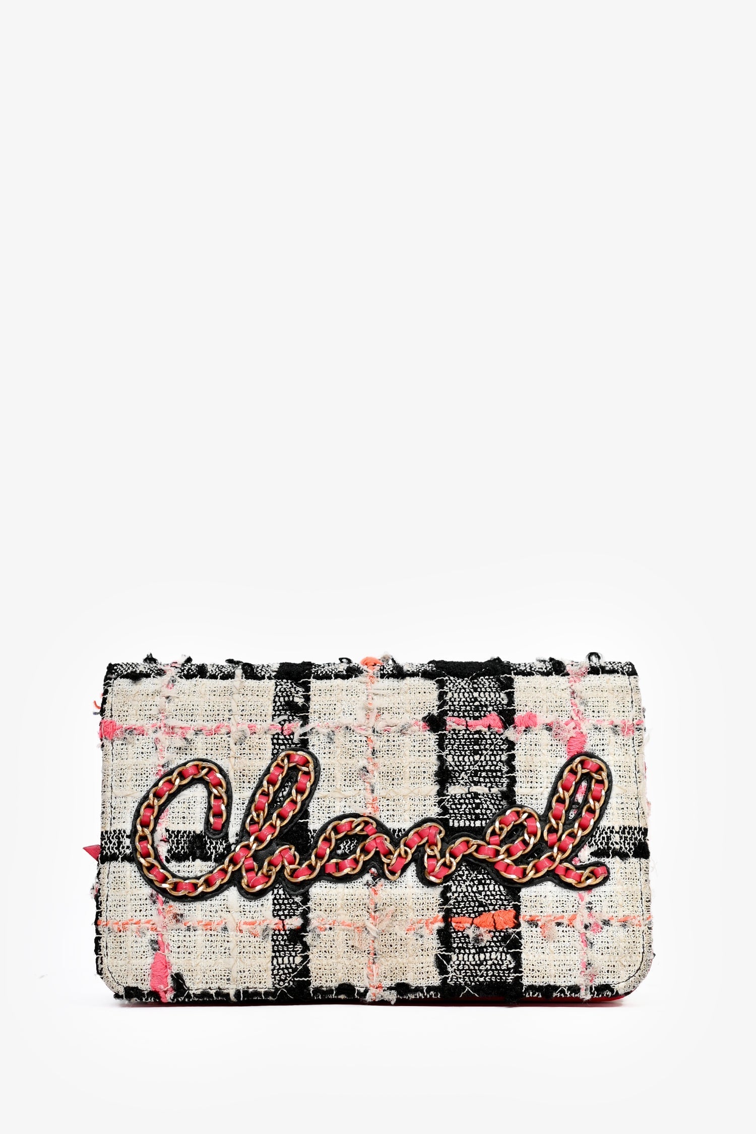 Chanel™ 2019 Pink/Black/Cream Tweed Wallet On Chain