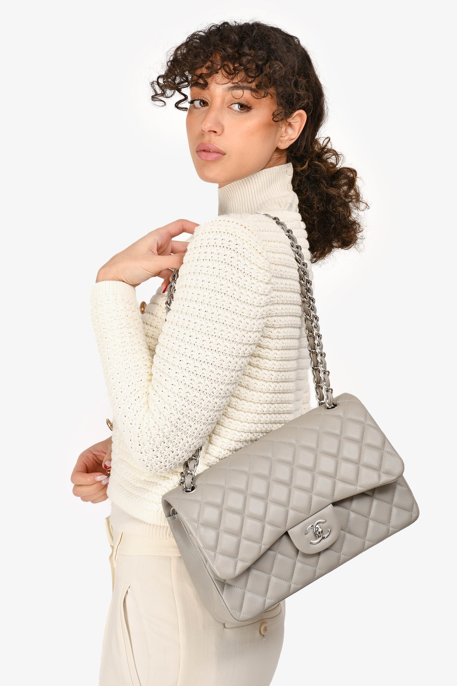 Chanel™ 2019/20 Grey Lambskin Leather Jumbo Double Flap