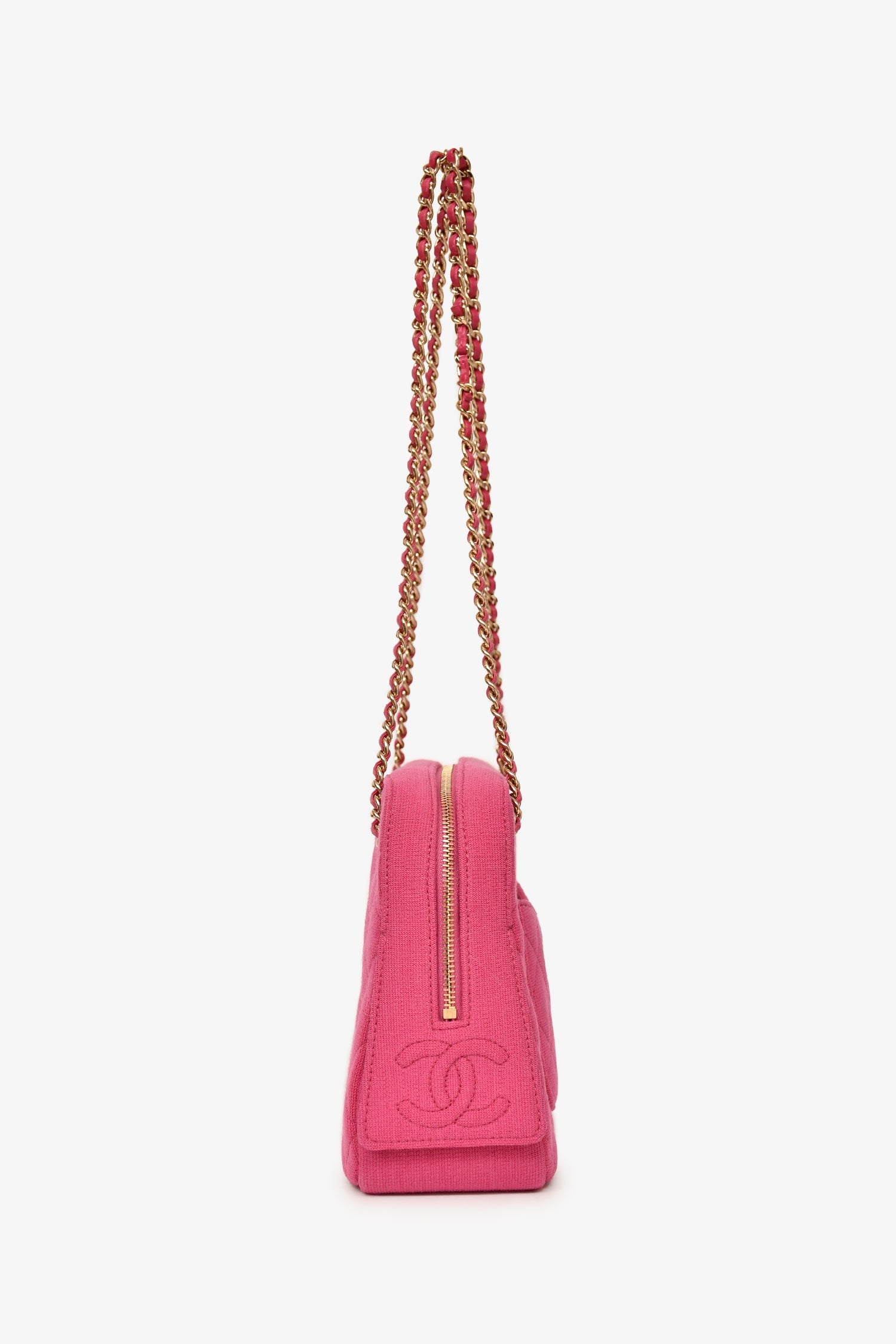 Chanel™ 2019-20 Fuchsia Quilted Jersey Zip Double Chain Bag