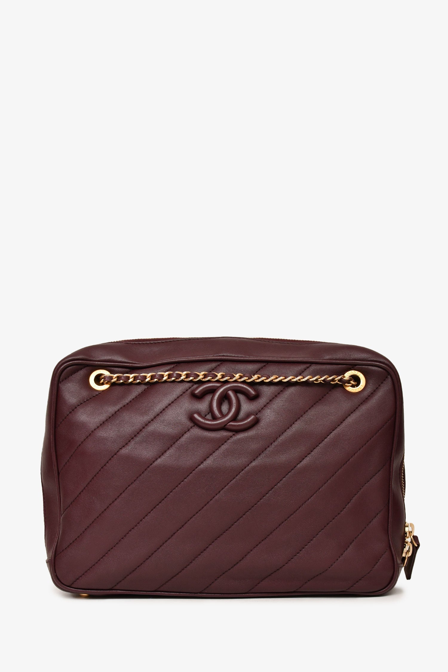 Chanel™ 2015-16 Eggplant Purple Diagonal Leather Camera Case Double Chain Shoulder Bag