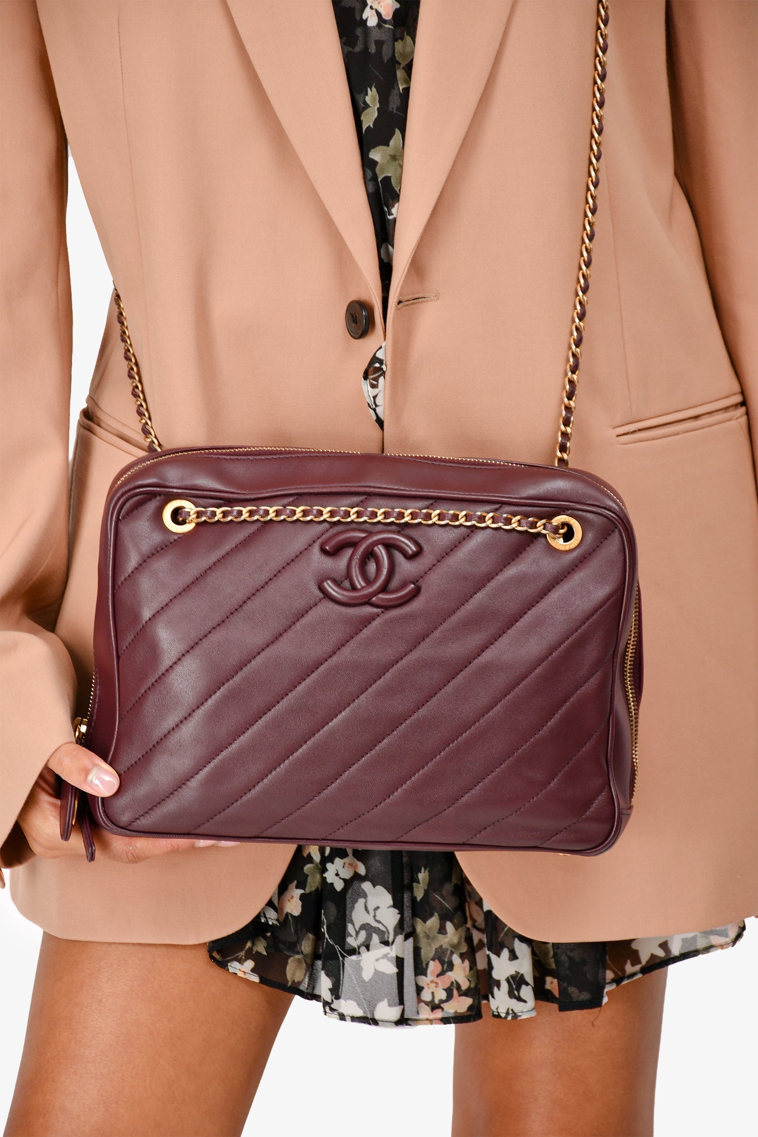 Chanel™ 2015-16 Eggplant Purple Diagonal Leather Camera Case Double Chain Shoulder Bag