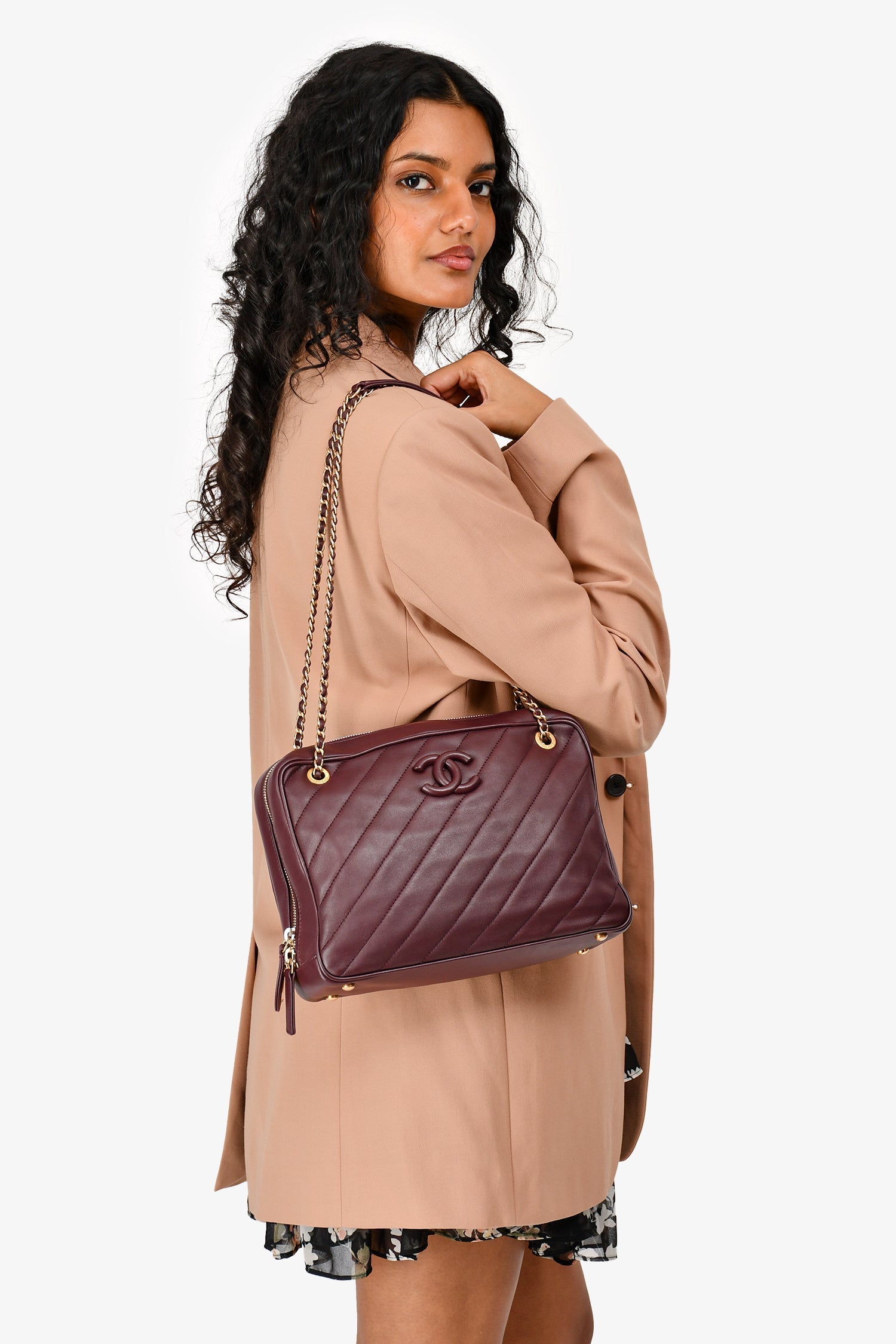 Chanel™ 2015-16 Eggplant Purple Diagonal Leather Camera Case Double Chain Shoulder Bag