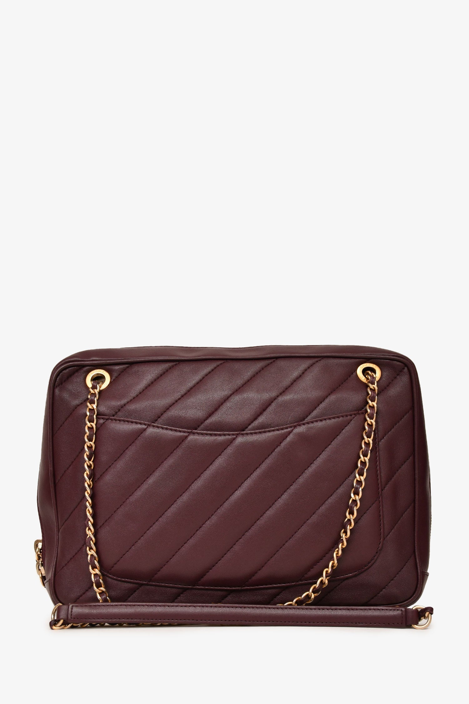 Chanel™ 2015-16 Eggplant Purple Diagonal Leather Camera Case Double Chain Shoulder Bag