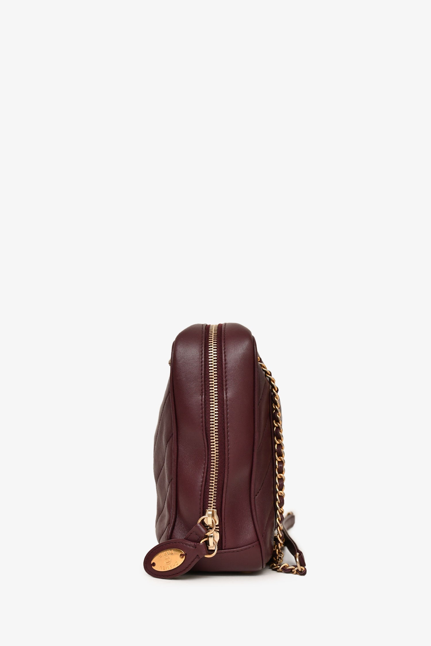 Chanel™ 2015-16 Eggplant Purple Diagonal Leather Camera Case Double Chain Shoulder Bag