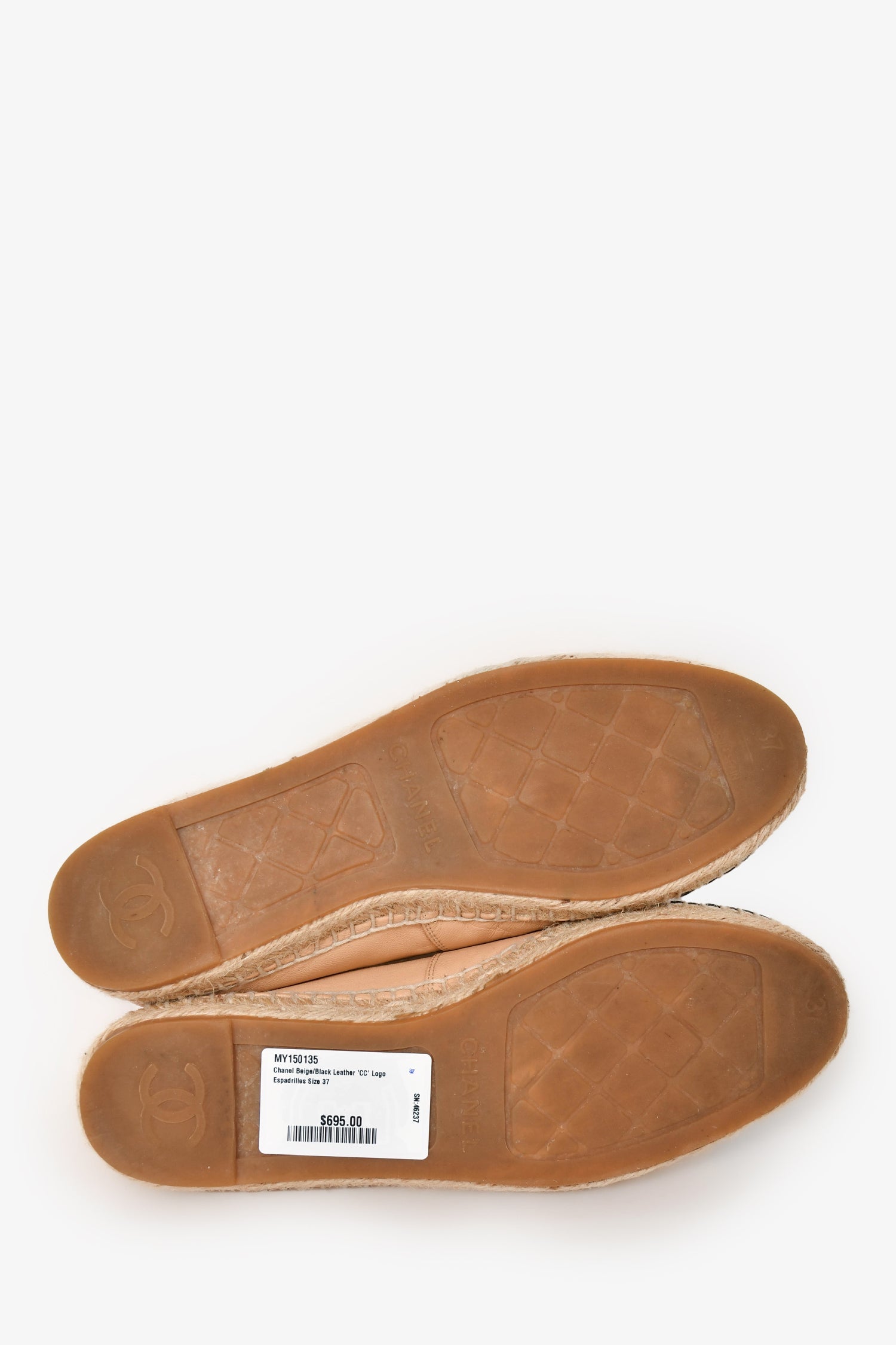 Chanel™ Beige/Black Leather 'CC' Logo Espadrilles Size 37