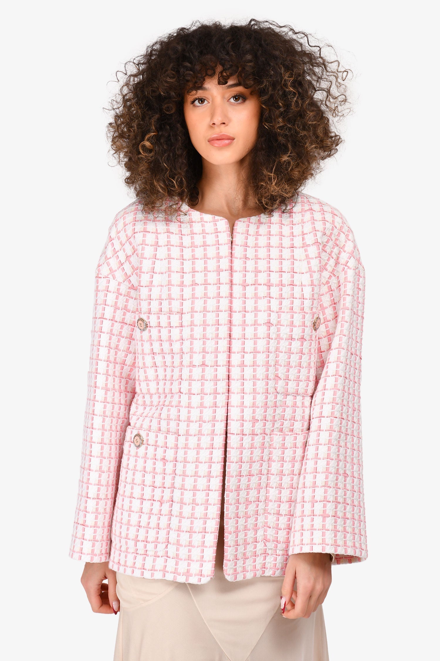 Chanel™ Short Sleeve 2022 Pink/White Tweed Long CC Blazer Size 36