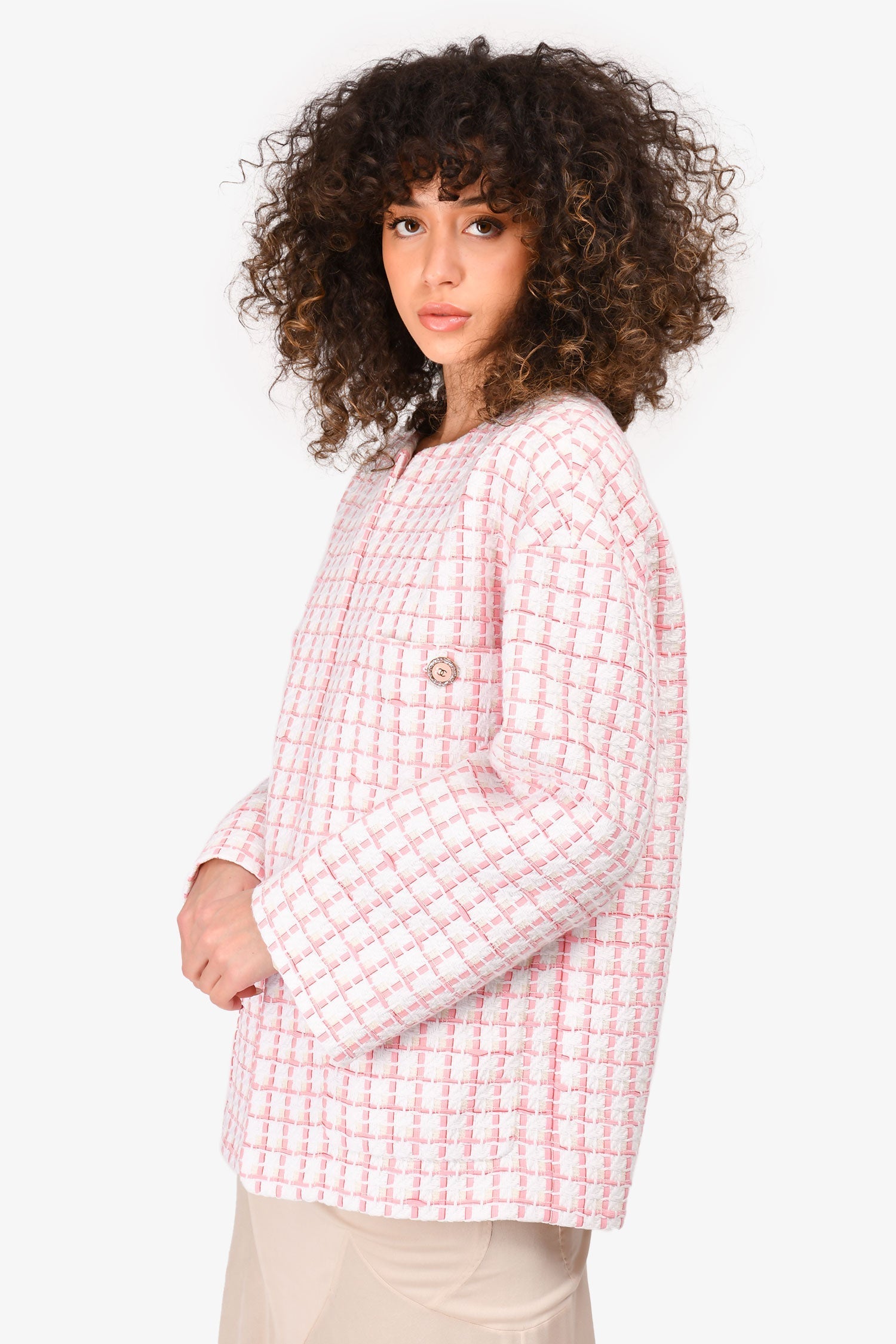 Chanel™ Short Sleeve 2022 Pink/White Tweed Long CC Blazer Size 36