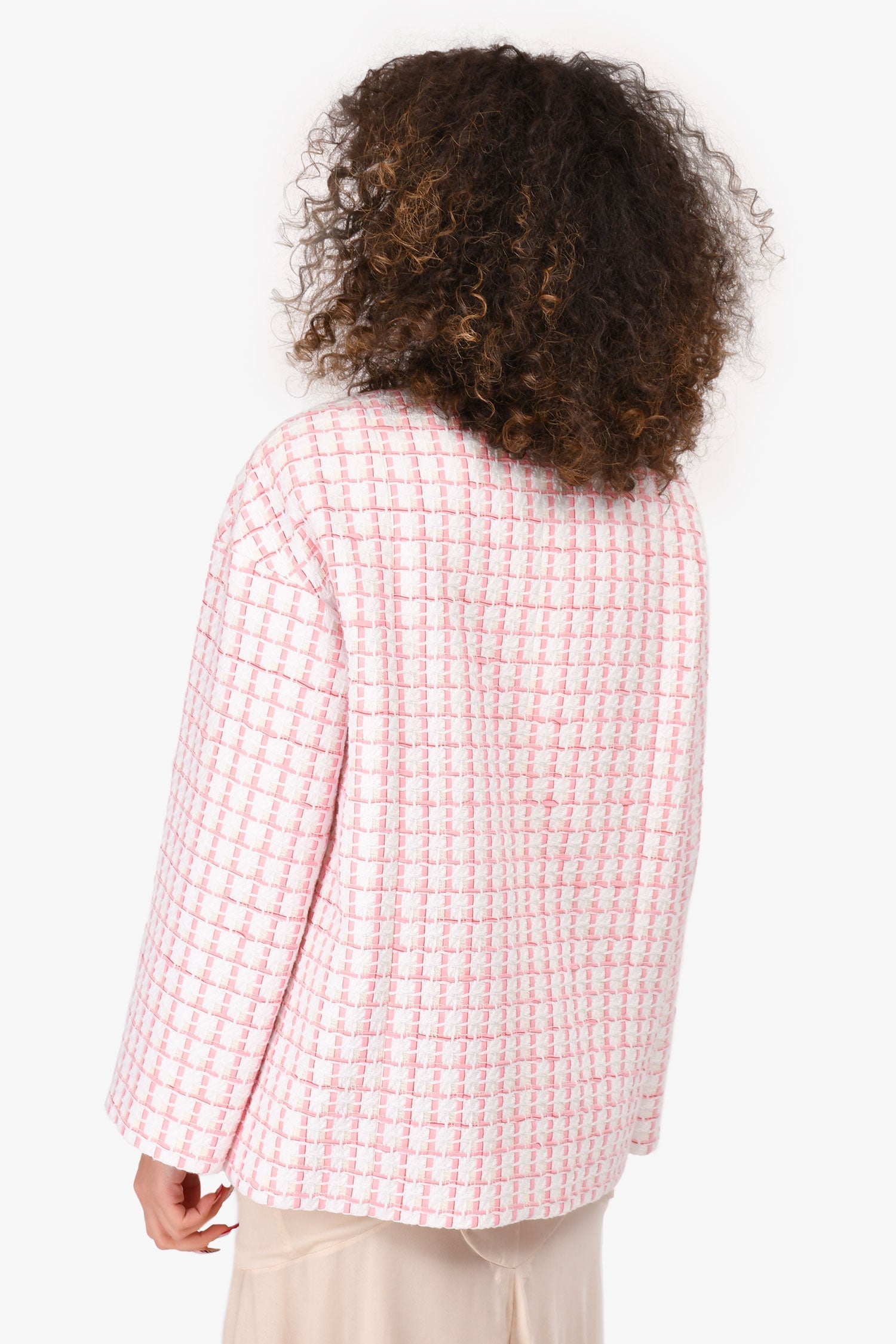 Chanel™ Short Sleeve 2022 Pink/White Tweed Long CC Blazer Size 36