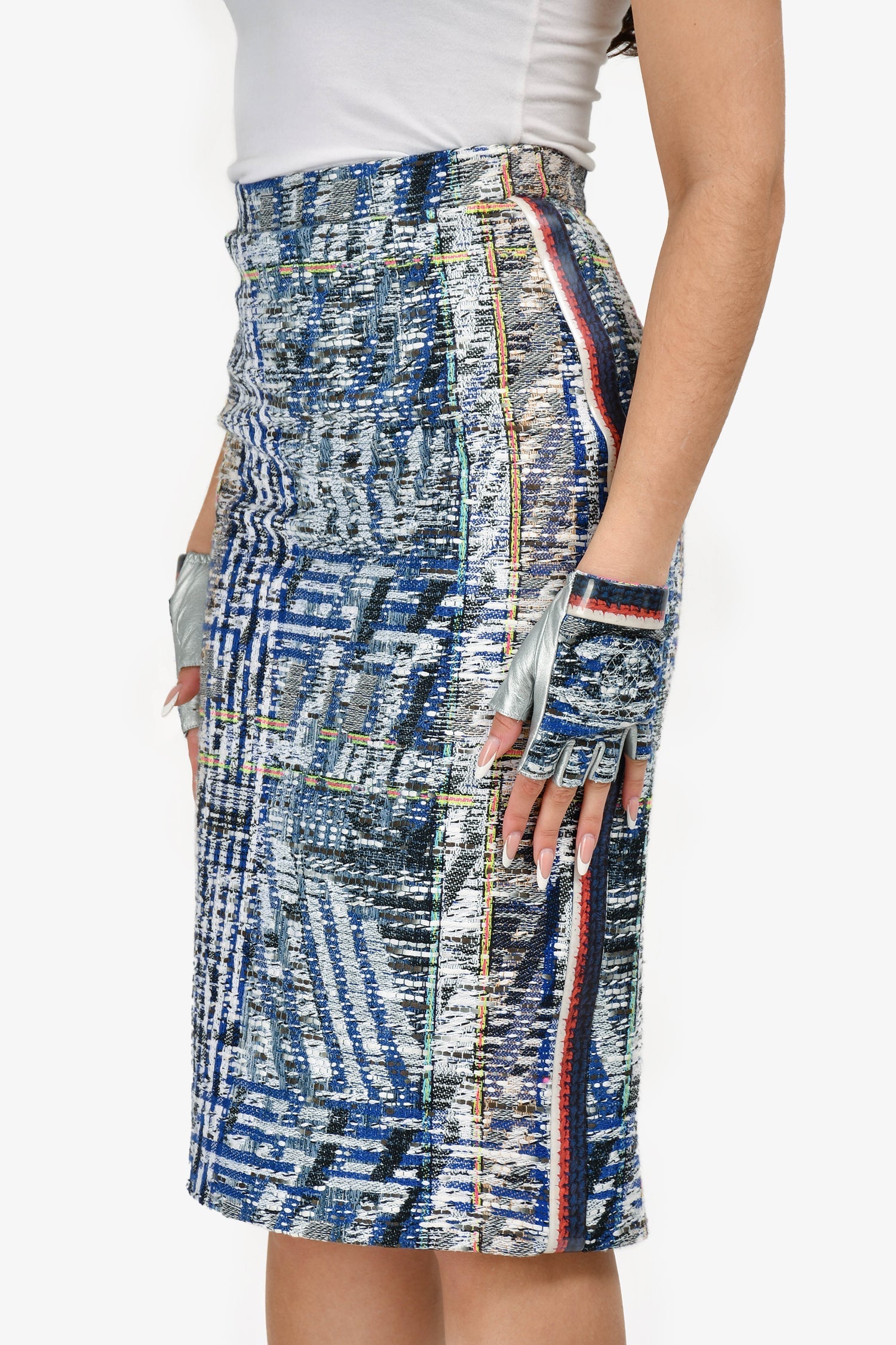 Chanel™ 2016 S/S Runway Blue/Multi Tweed Midi Skirt Size 36 + Matching Gloves