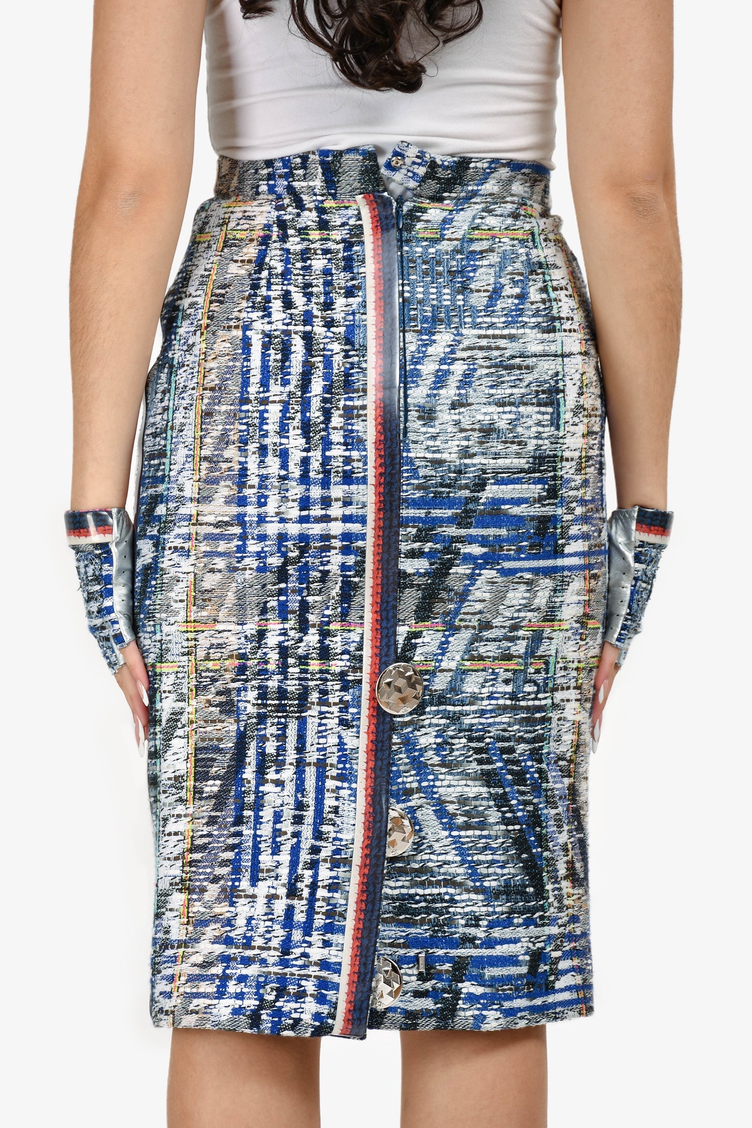 Chanel™ 2016 S/S Runway Blue/Multi Tweed Midi Skirt Size 36 + Matching Gloves