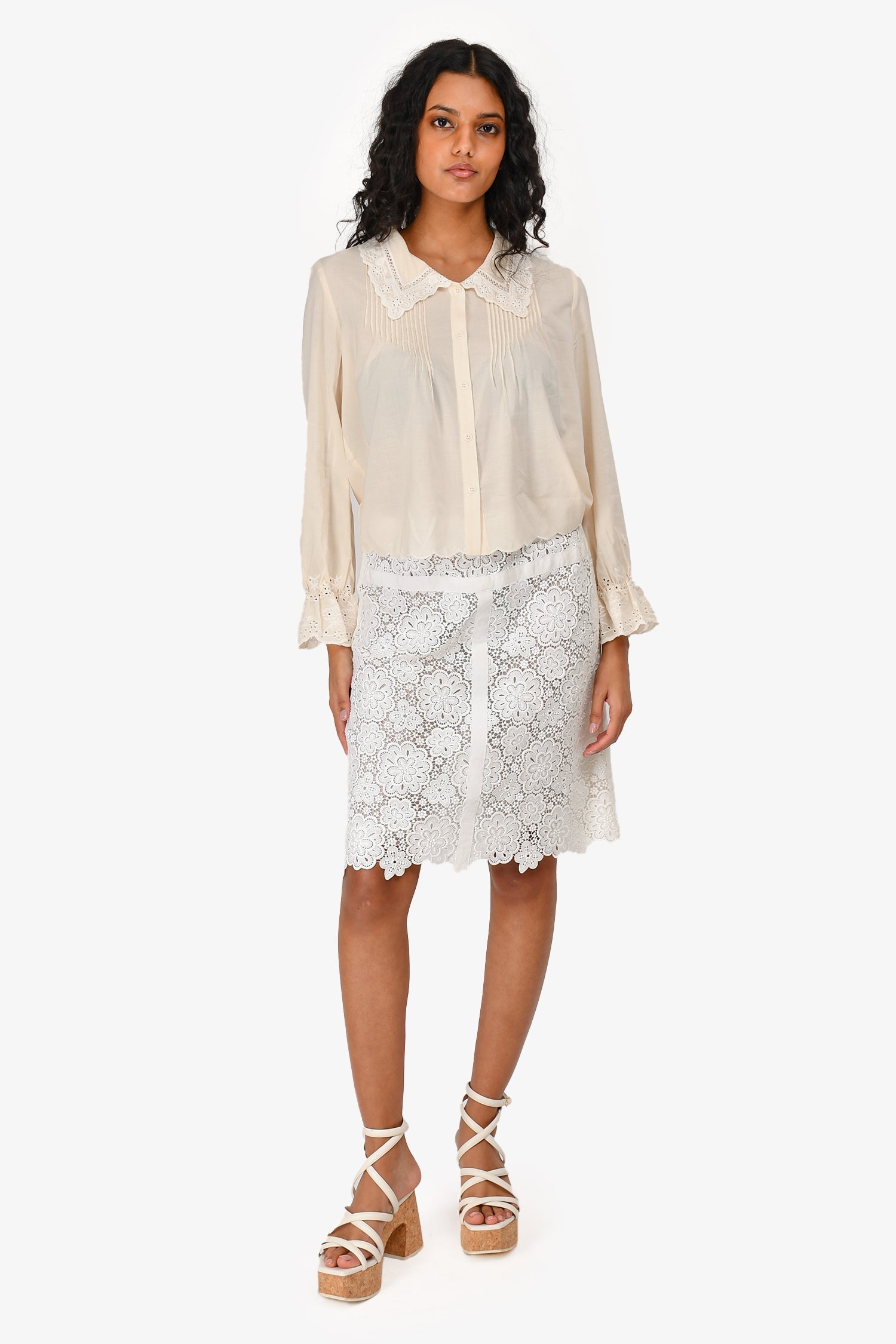 Chanel™ White Cotton/Silk Floral Midi Skirt Size 40