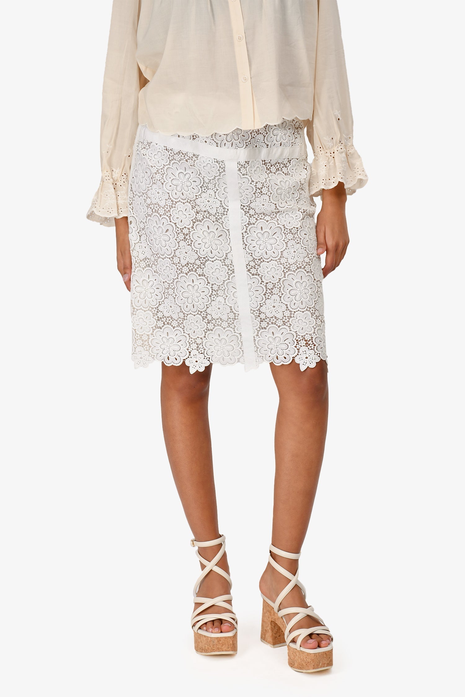 Chanel™ White Cotton/Silk Floral Midi Skirt Size 40