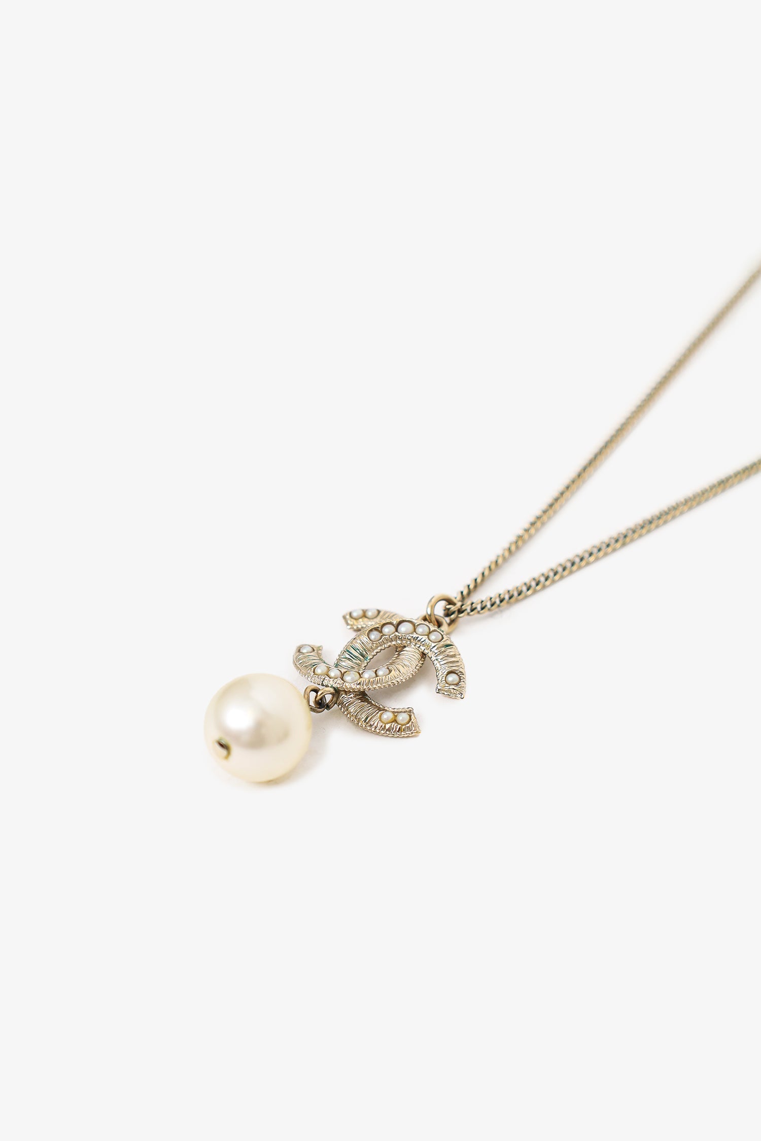 Chanel™ Gold Tone 'CC' Pearl Drop Necklace (As Is)