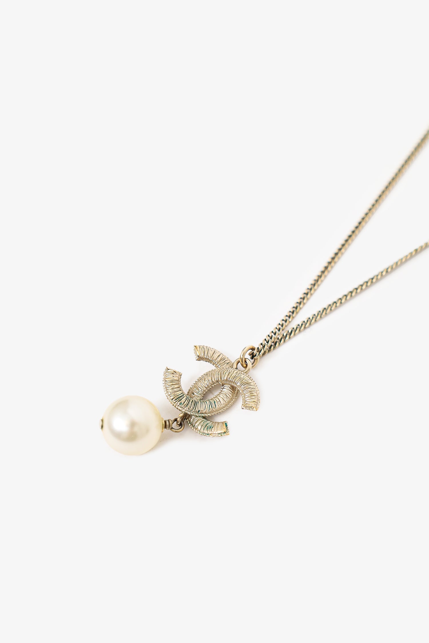 Chanel™ Gold Tone 'CC' Pearl Drop Necklace (As Is)