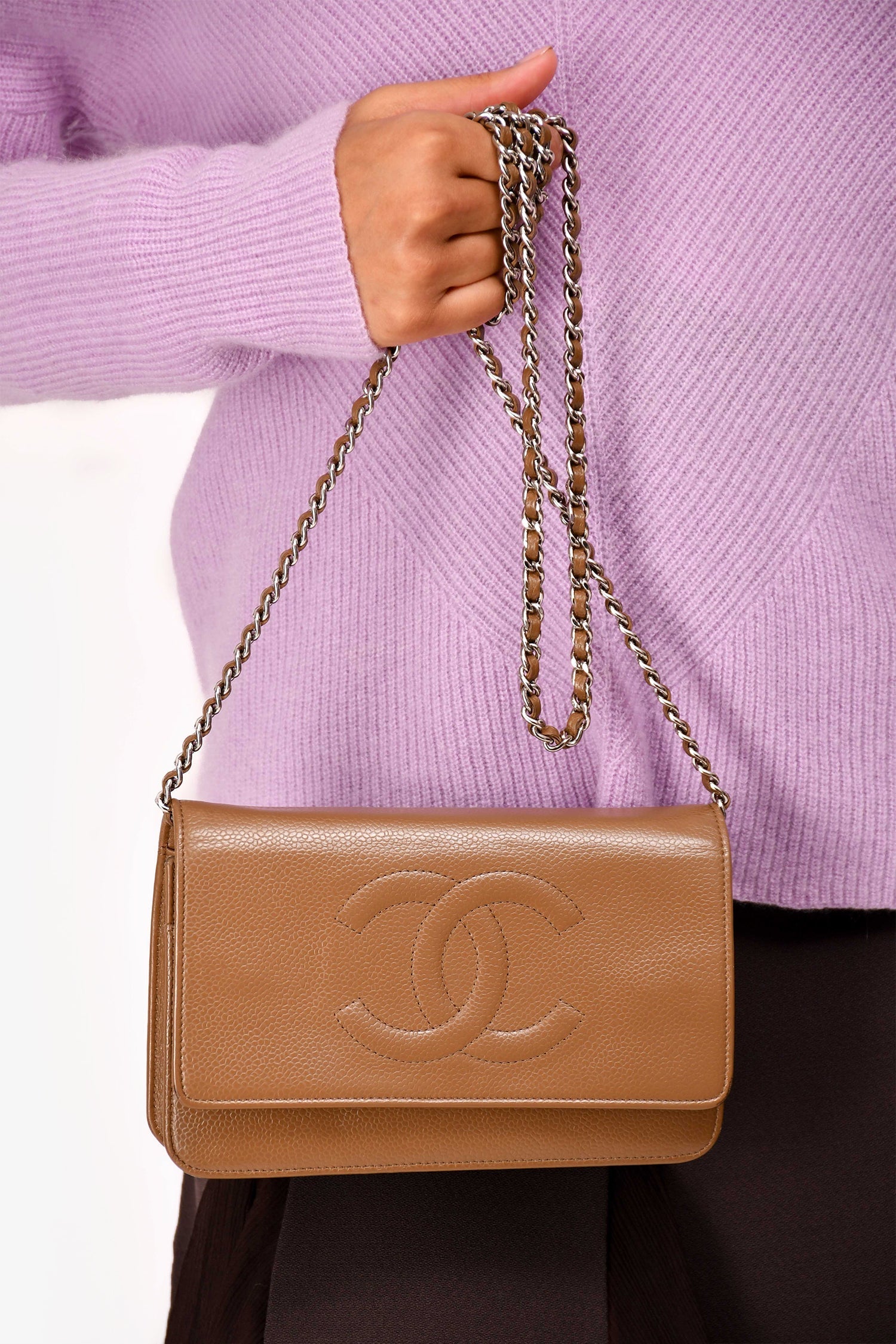 Chanel™ 2012-13 Brown Caviar Leather CC Logo Wallet On Chain