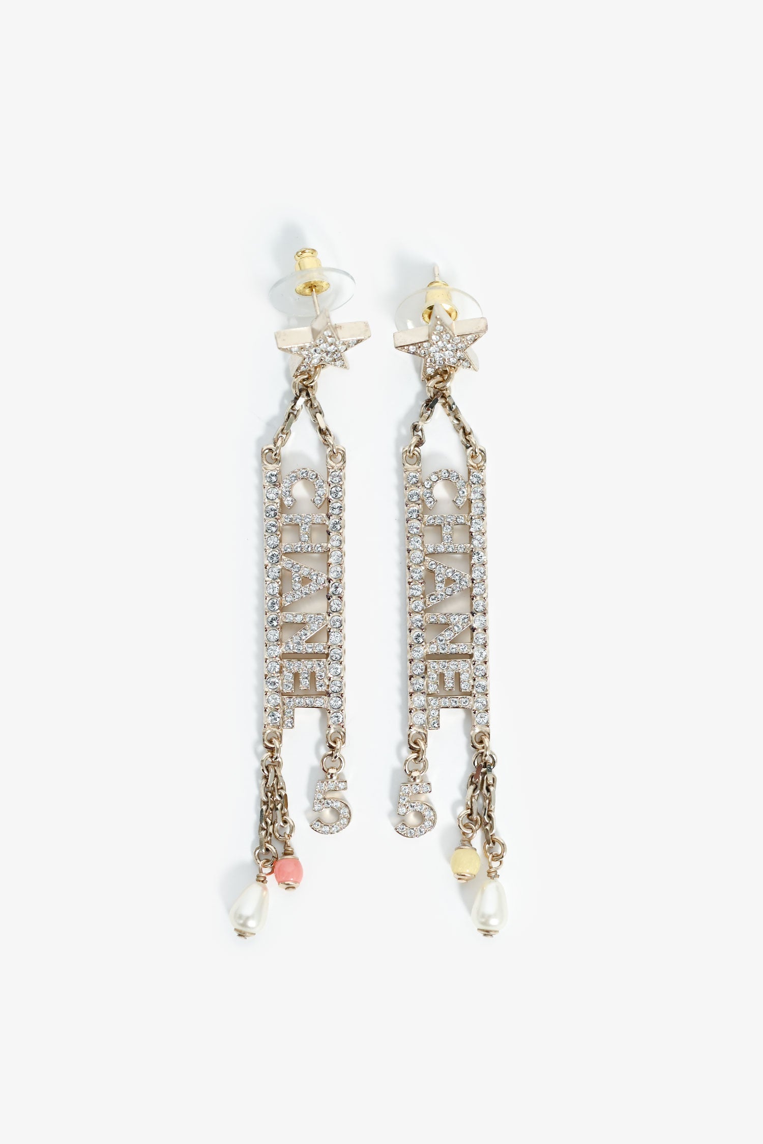 Chanel™ 2022 Gold Tone Crystal Logo Number 5 Earrings