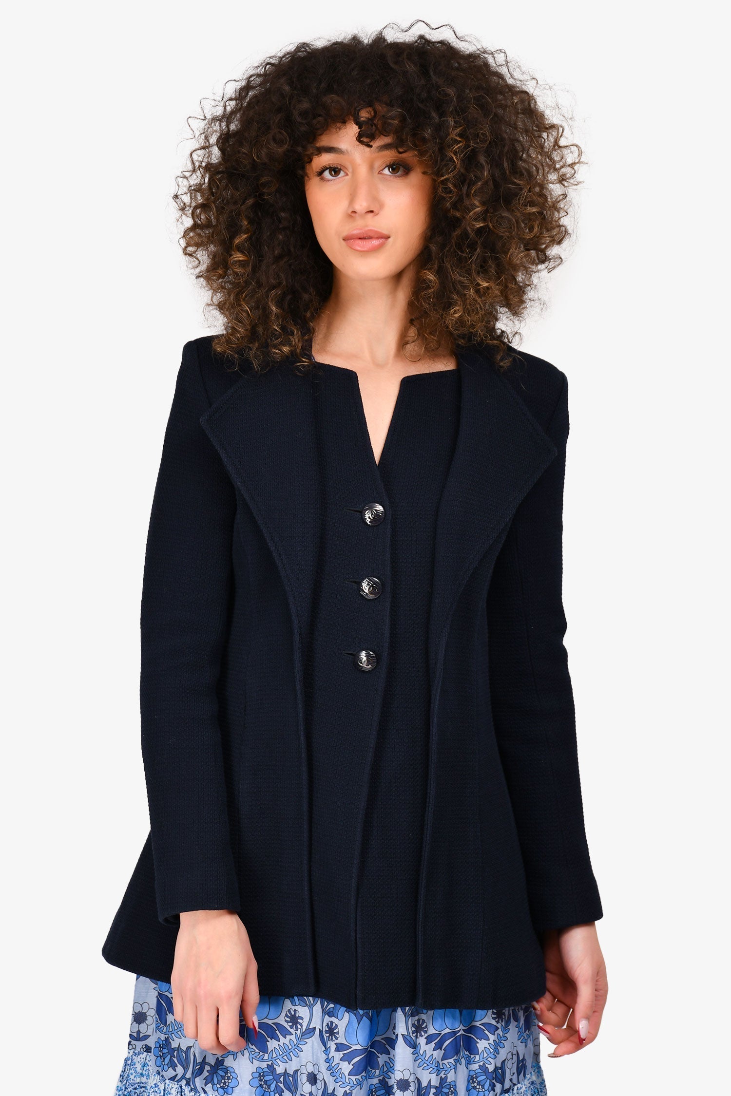 Chanel™ 2014 Navy Button Up Long Jacket Size 38