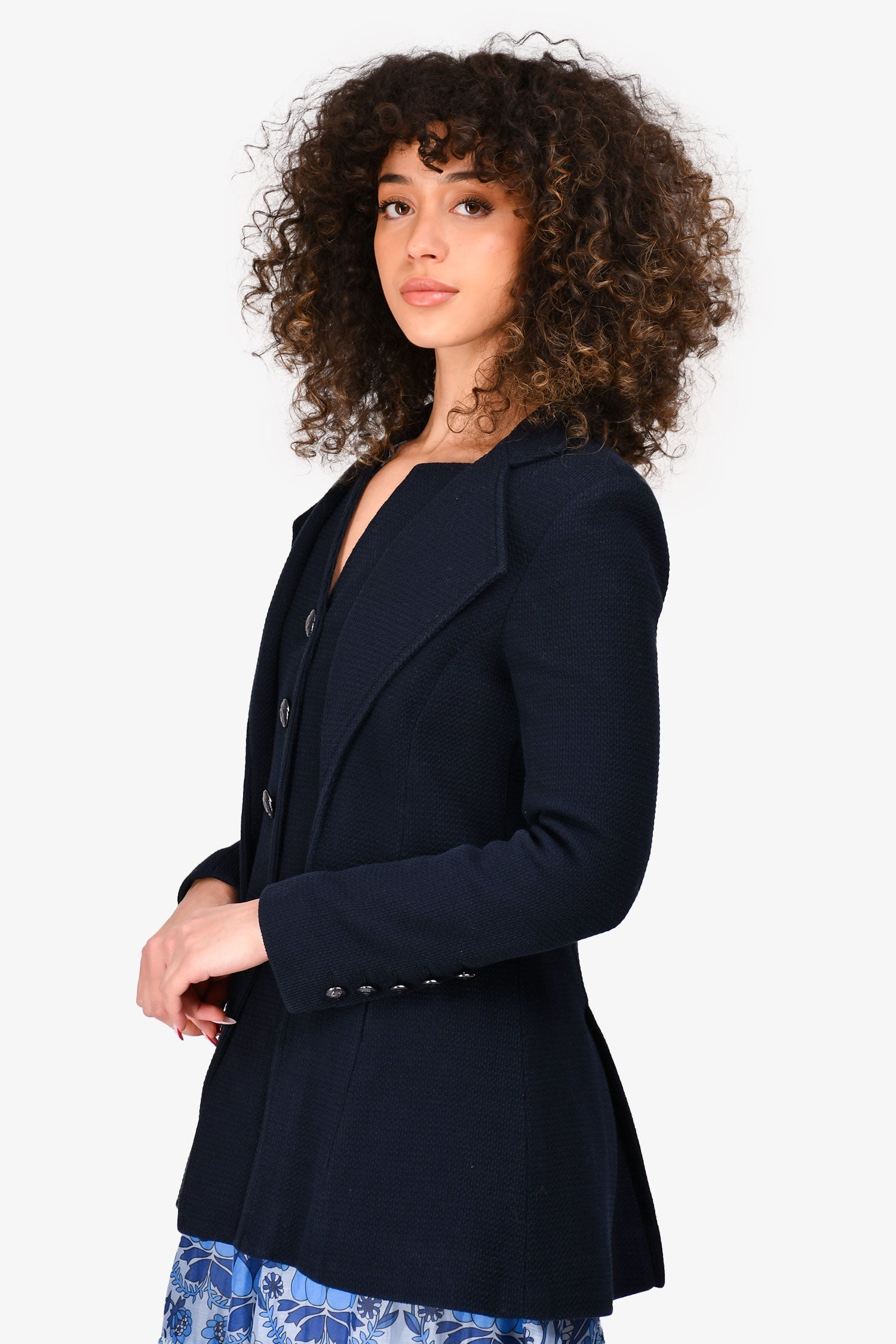 Chanel™ 2014 Navy Button Up Long Jacket Size 38