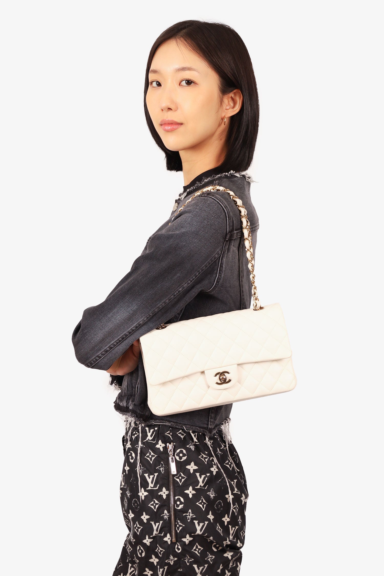 Chanel™ 2022 White Caviar Leather Medium Double Flap Bag