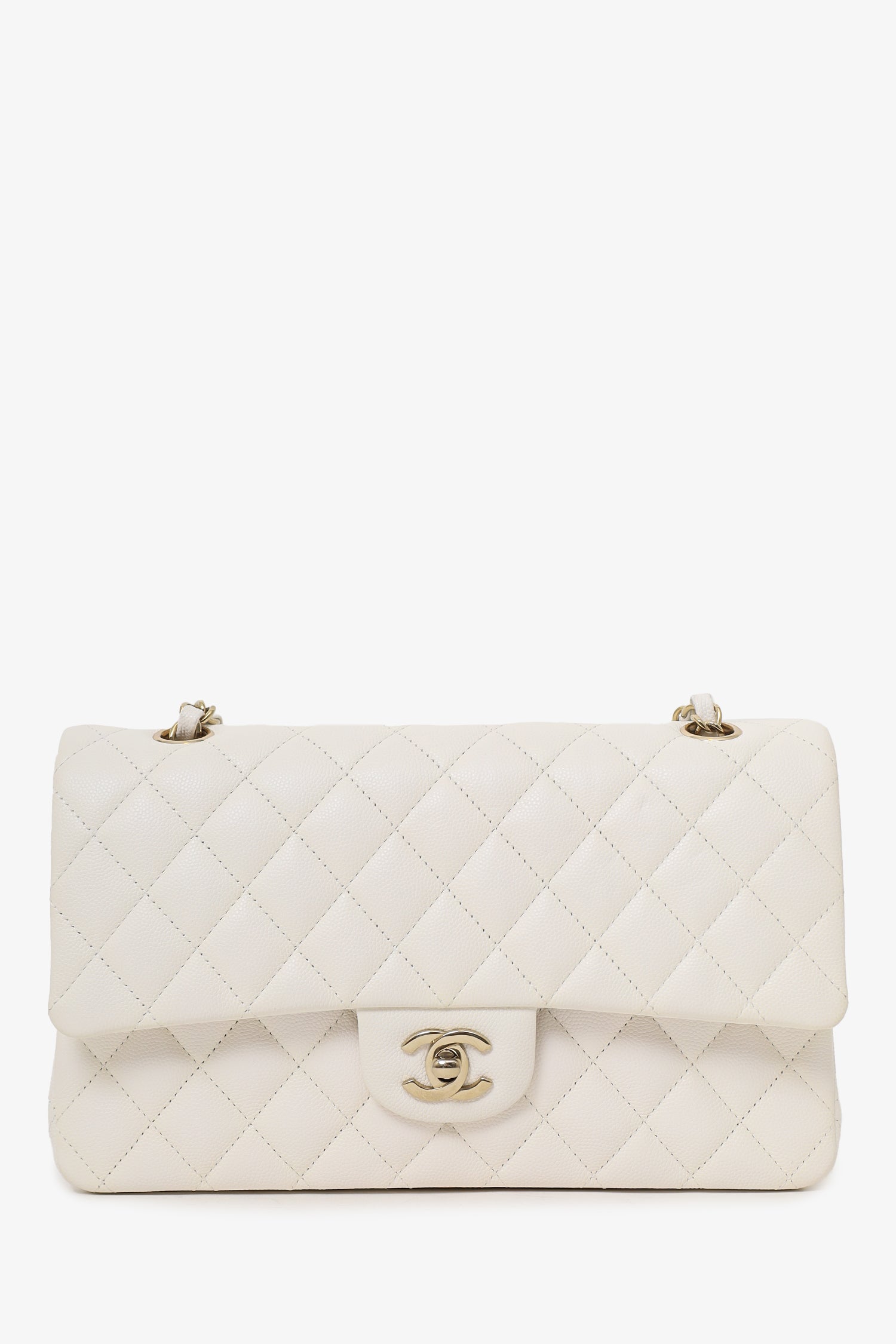 Chanel™ 2022 White Caviar Leather Medium Double Flap Bag