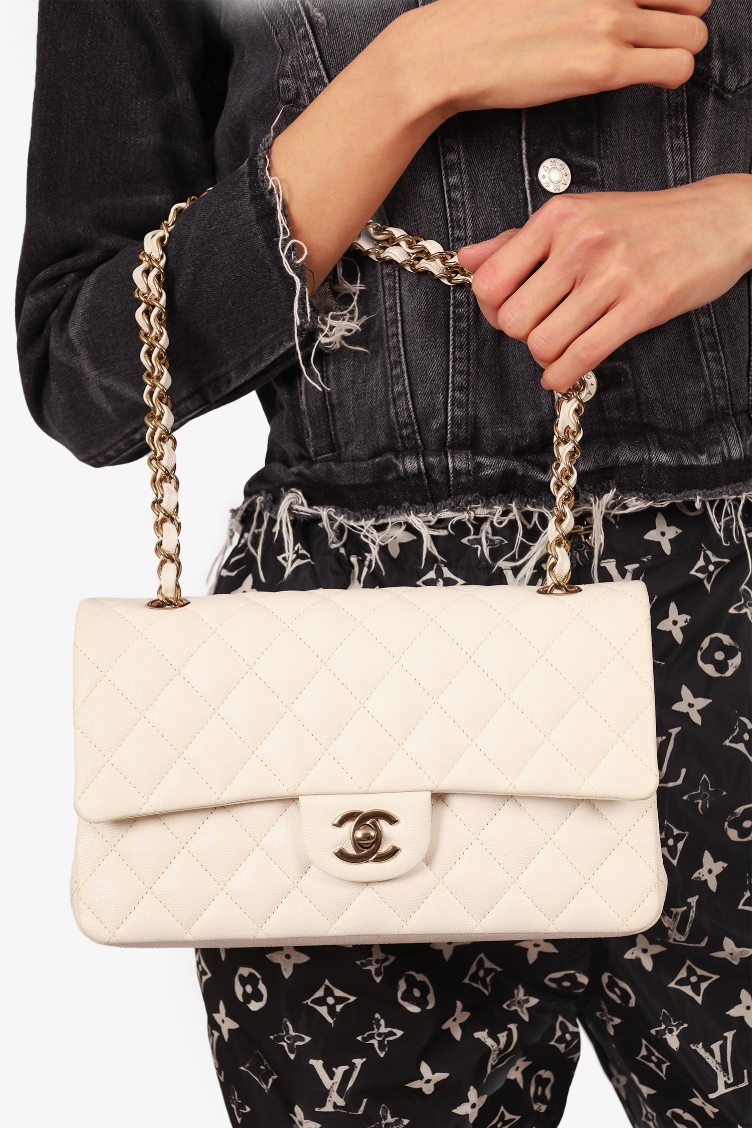 Chanel™ 2022 White Caviar Leather Medium Double Flap Bag