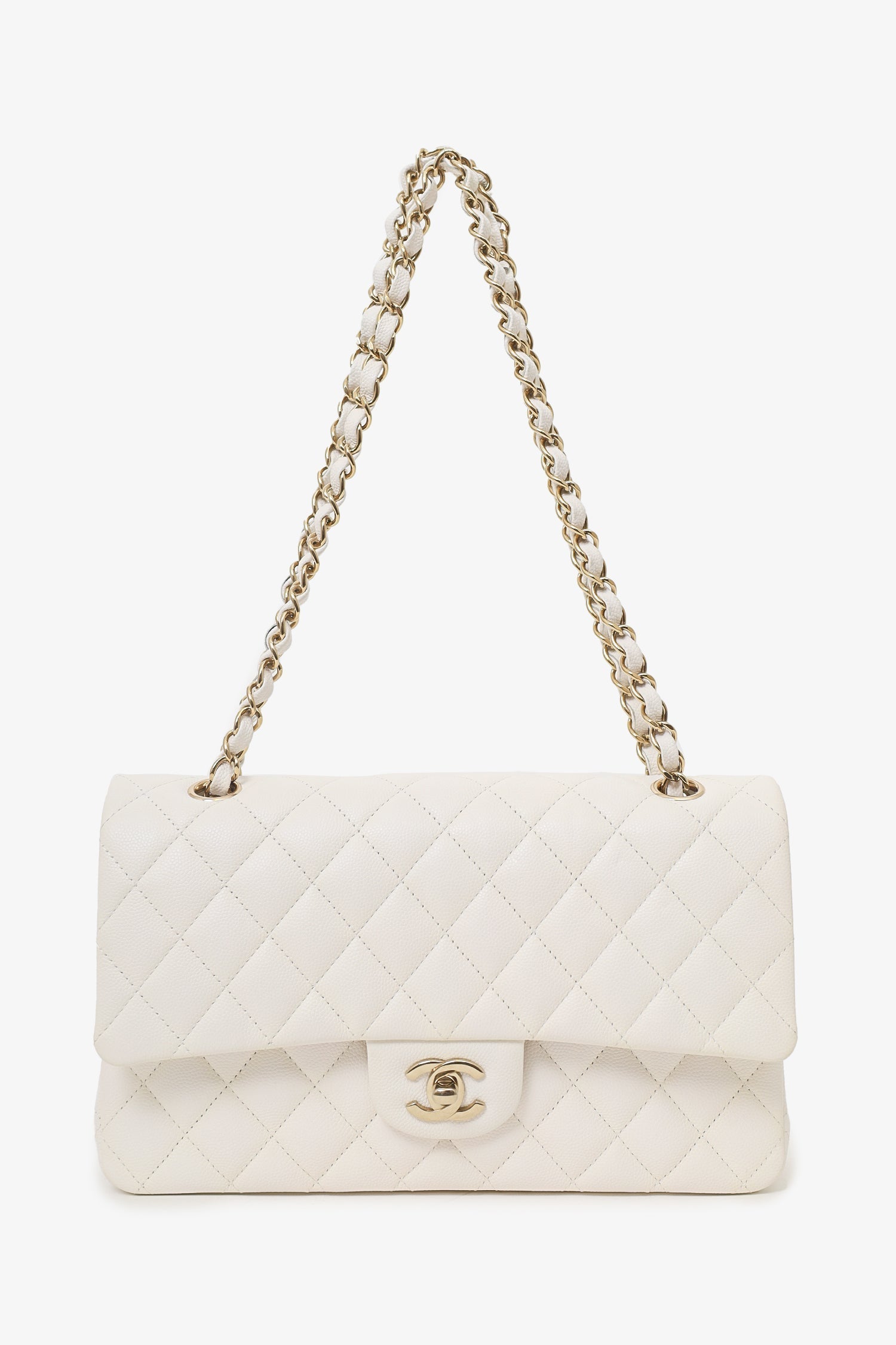 Chanel™ 2022 White Caviar Leather Medium Double Flap Bag