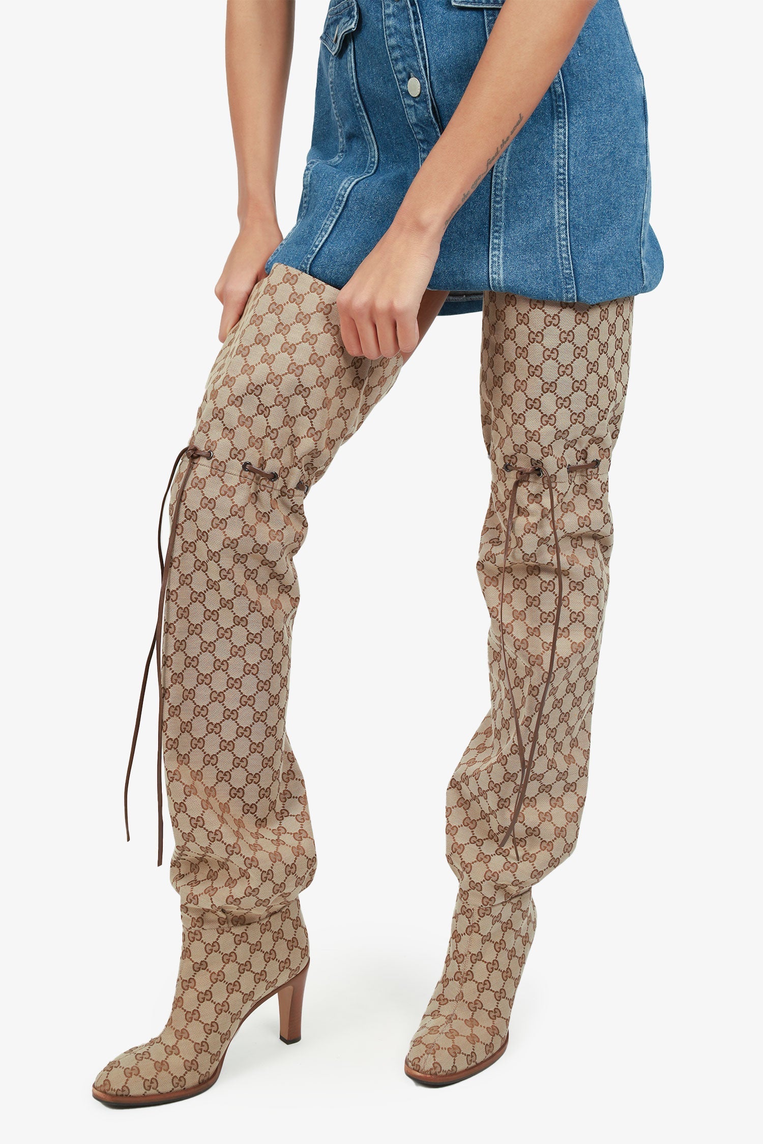 Gucci Beige Monogram Over the Knee Boots Size 40