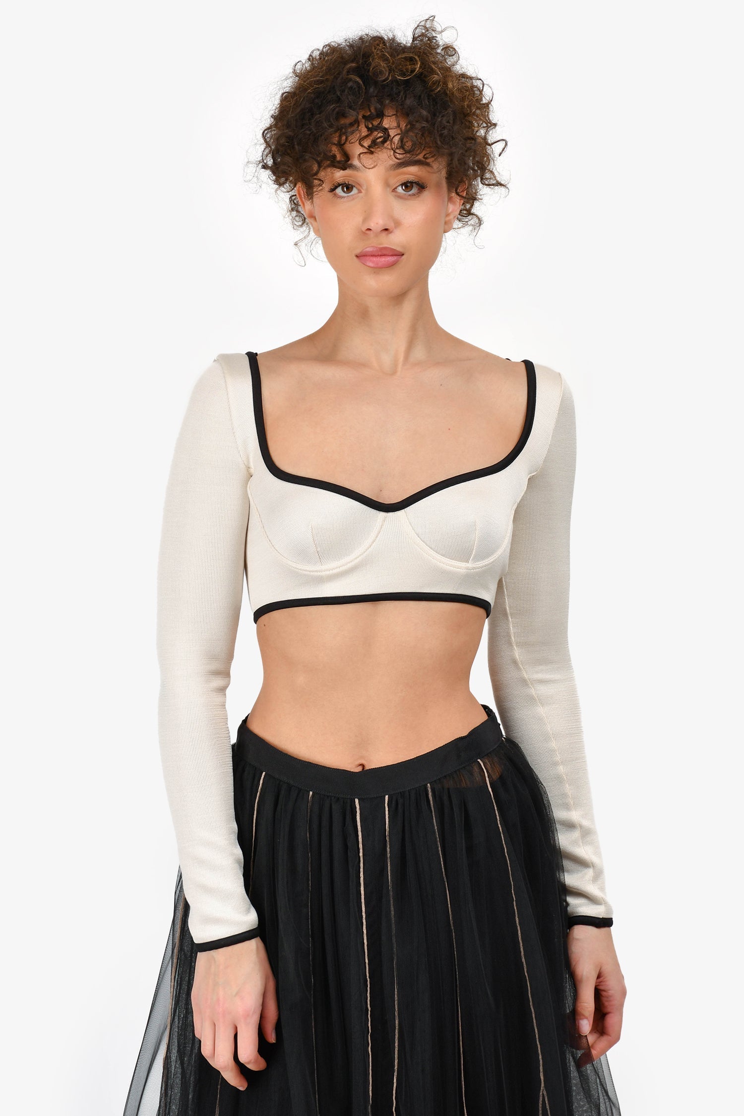 Chanel™ S/S 2021 Cream/Black Trim Silk Knit Bustier Crop Top Size 36
