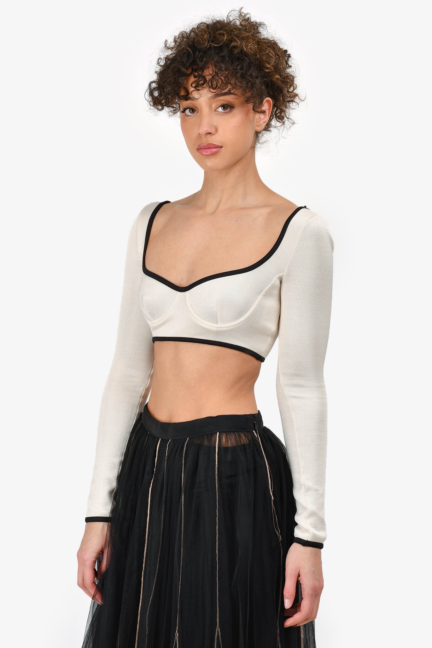 Chanel™ S/S 2021 Cream/Black Trim Silk Knit Bustier Crop Top Size 36