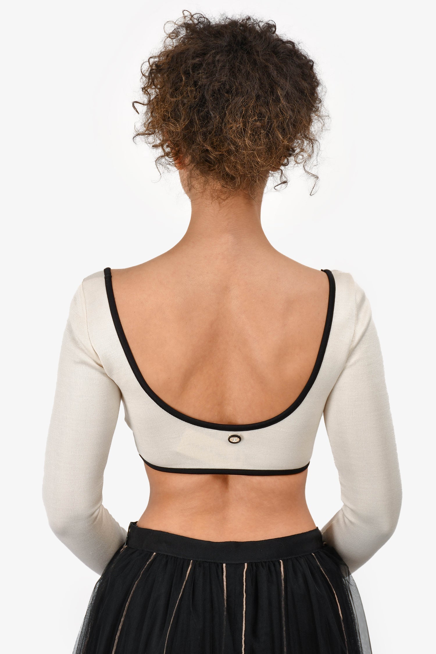 Chanel™ S/S 2021 Cream/Black Trim Silk Knit Bustier Crop Top Size 36