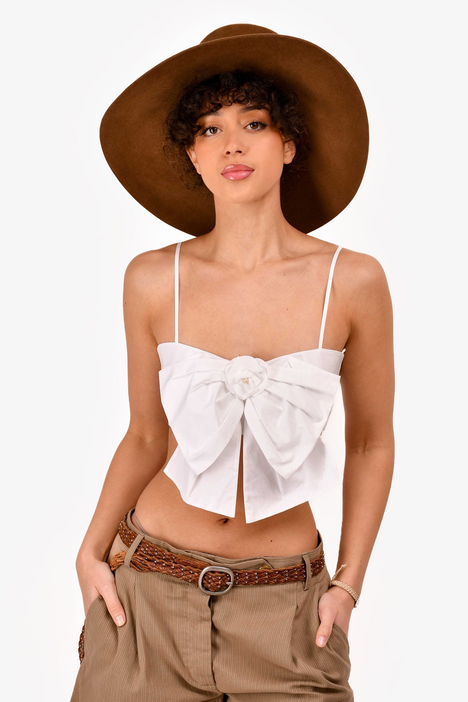 Chanel™ Cruise 2020 White Cotton Poplin Camellia Bow Crop Top Size 36