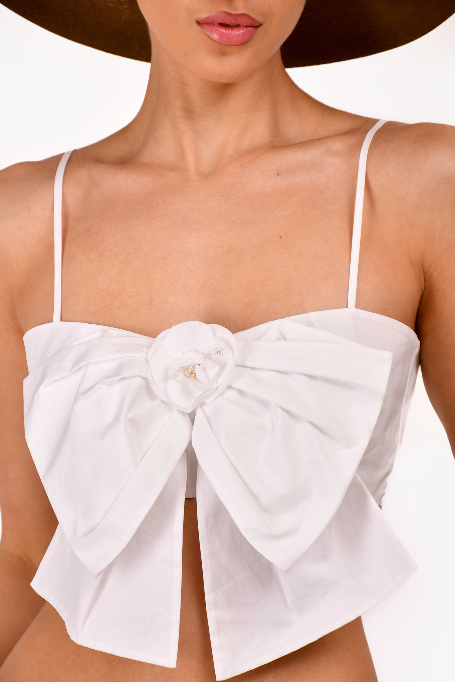 Chanel™ Cruise 2020 White Cotton Poplin Camellia Bow Crop Top Size 36