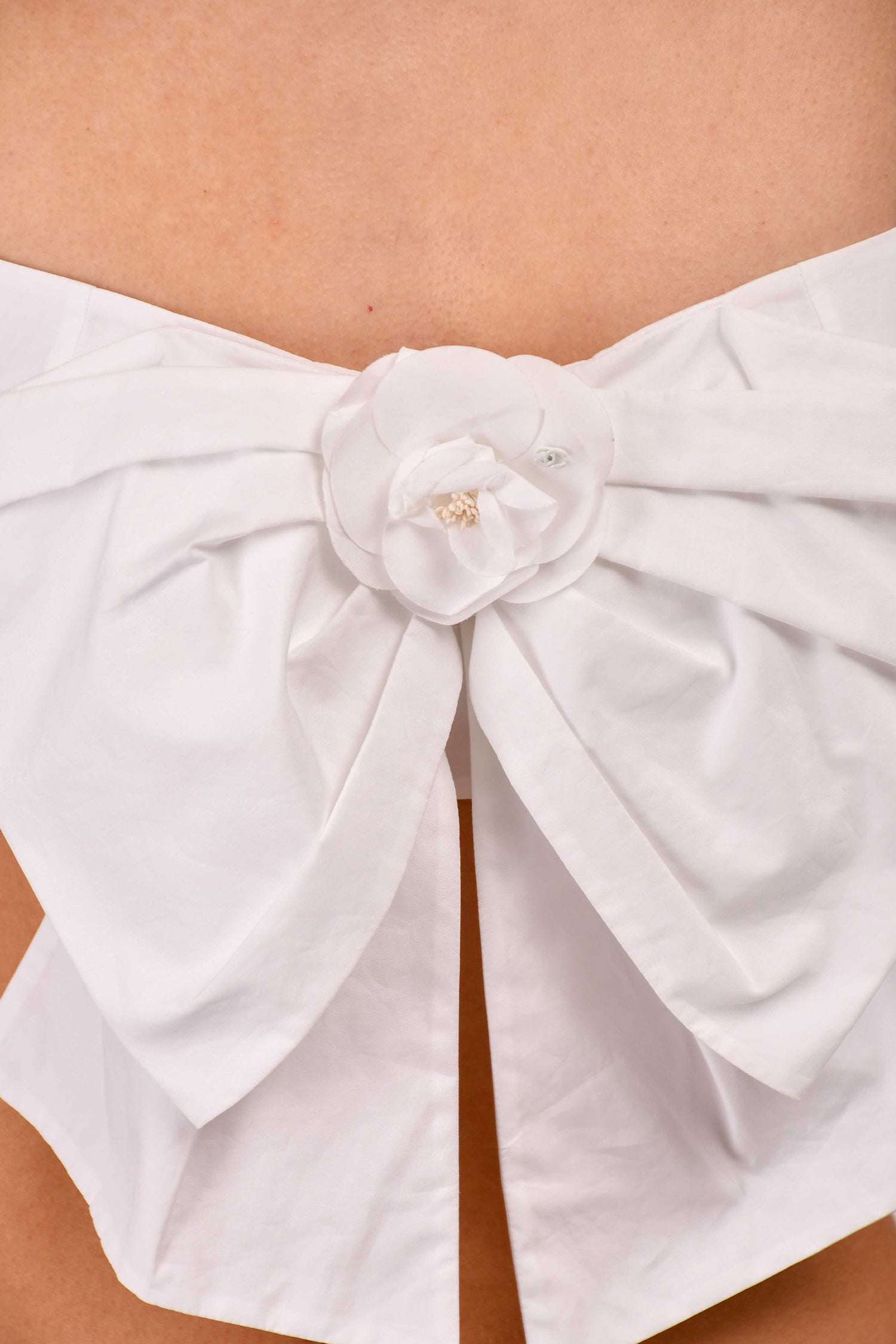 Chanel™ Cruise 2020 White Cotton Poplin Camellia Bow Crop Top Size 36