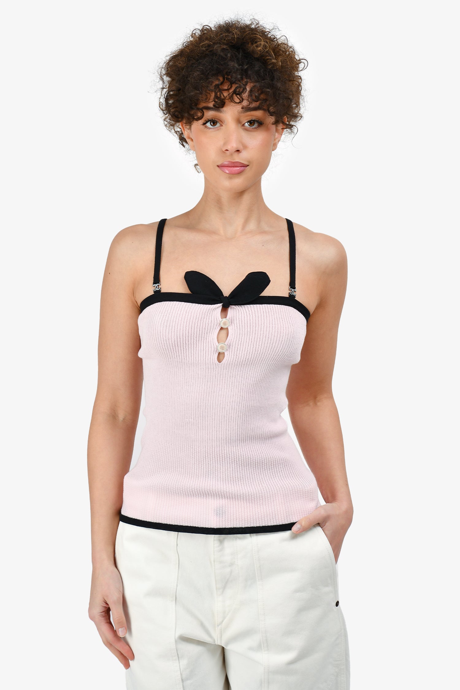Chanel™ Spring 2022 Pink/Black Cotton Knit Tank Top with Crystal CC Size 38