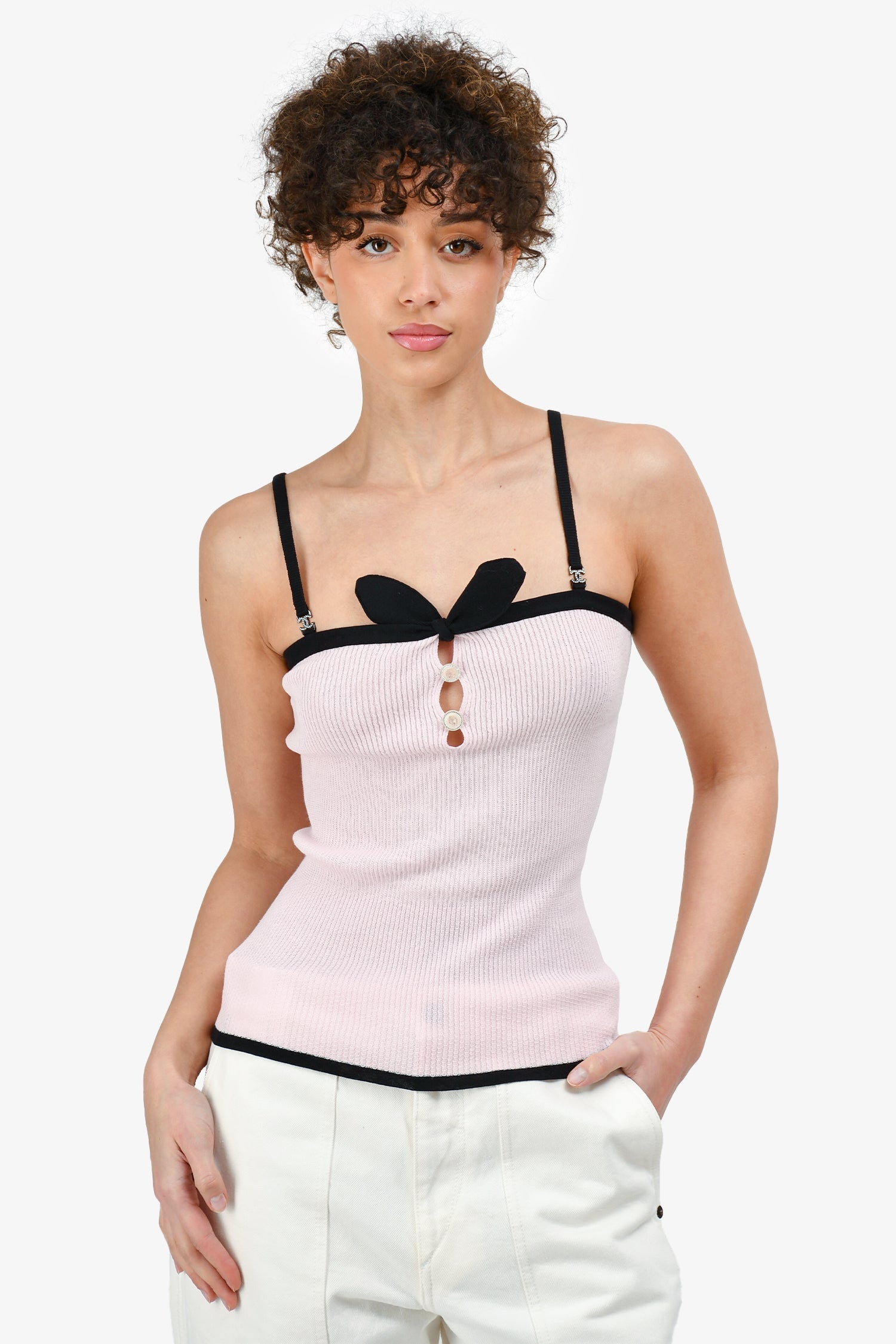 Chanel™ Spring 2022 Pink/Black Cotton Knit Tank Top with Crystal CC Size 38