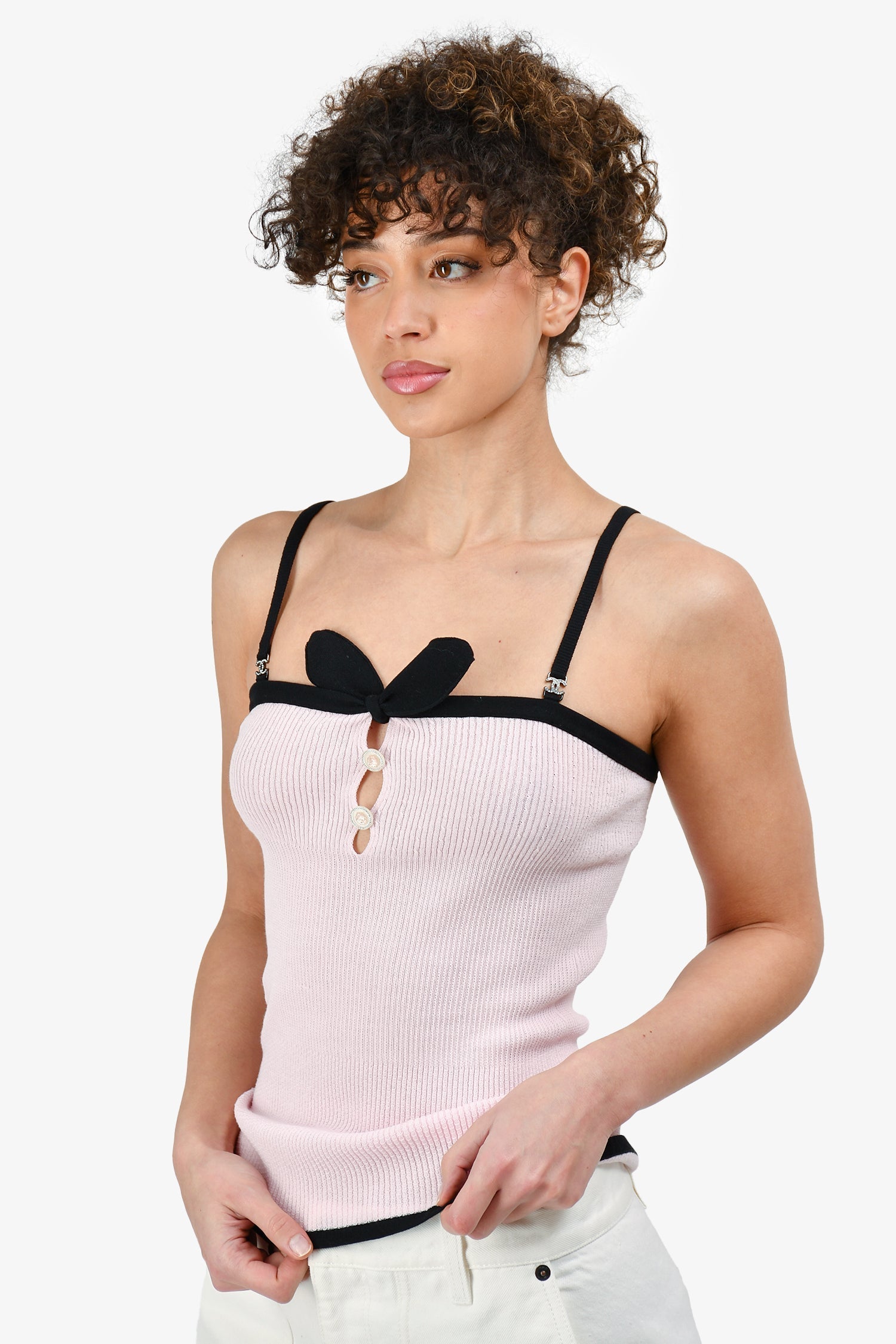 Chanel™ Spring 2022 Pink/Black Cotton Knit Tank Top with Crystal CC Size 38